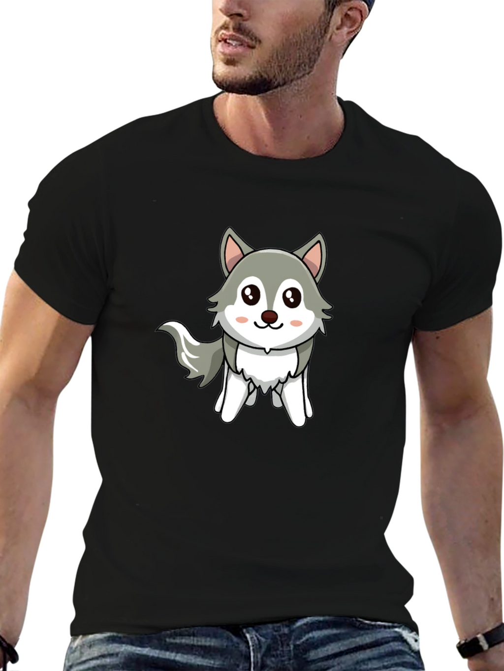 Cute Cartoon Wolf Graphic Tee - Unisex Black T-Shirt