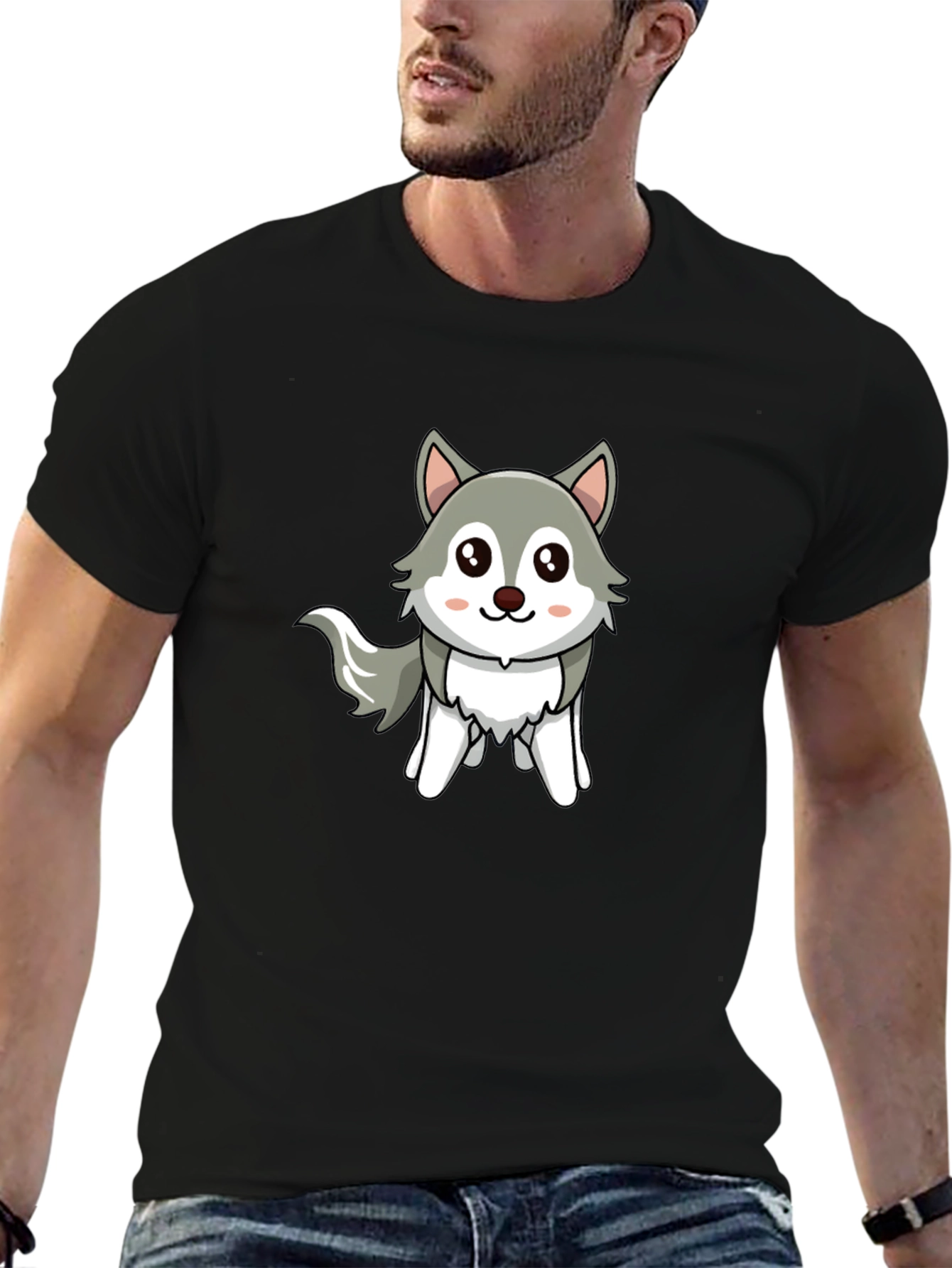 Cute Cartoon Wolf Graphic Tee - Unisex Black T-Shirt