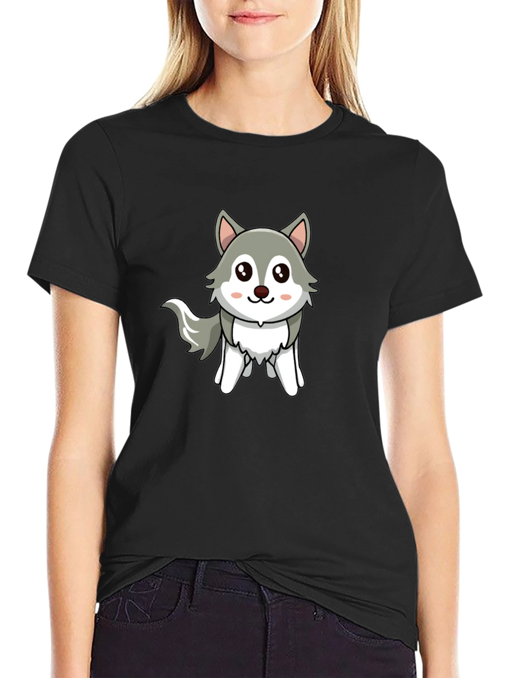 Cute Cartoon Wolf Graphic Tee - Unisex Black T-Shirt