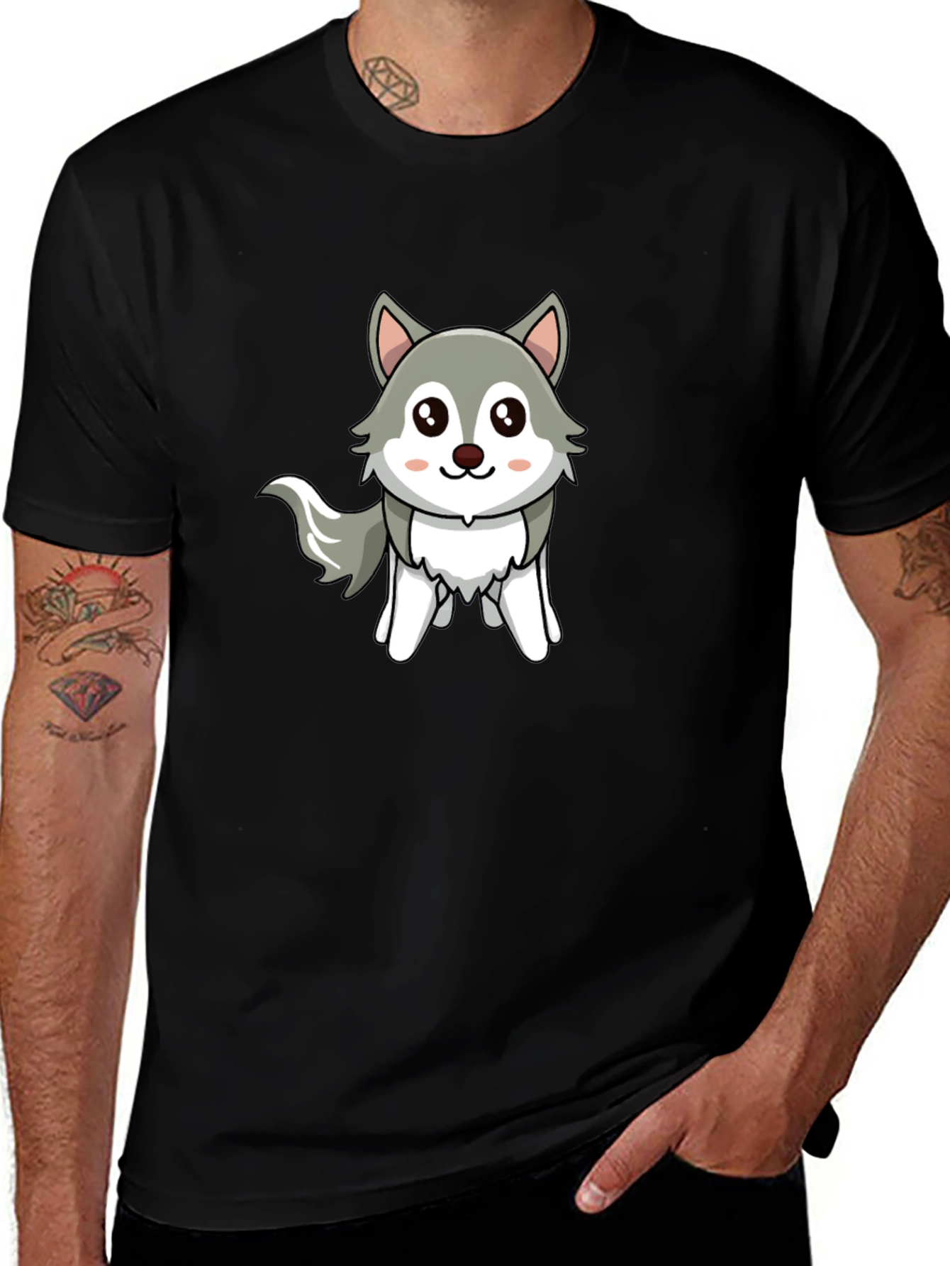 Cute Cartoon Wolf Graphic Tee - Unisex Black T-Shirt