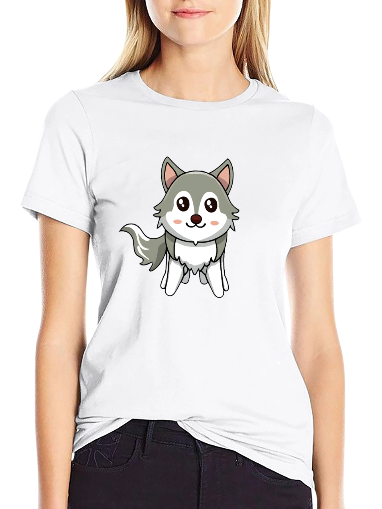 Cute Cartoon Wolf Graphic Tee - Unisex Black T-Shirt