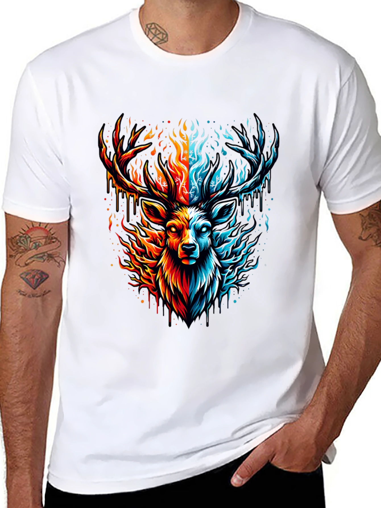 Fire & Ice Stag Graphic Tee - Bold Design