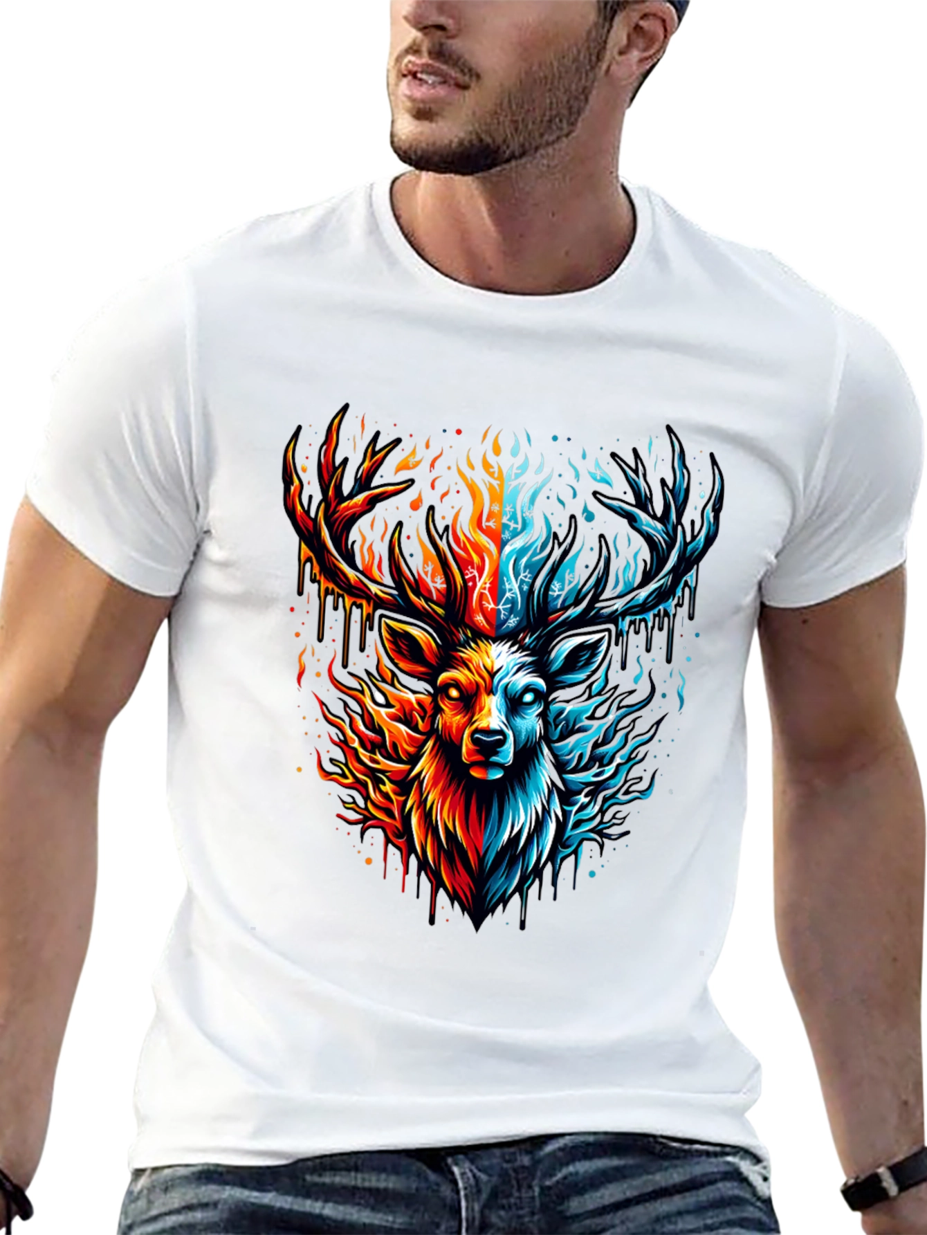 Fire & Ice Stag Graphic Tee - Bold Design