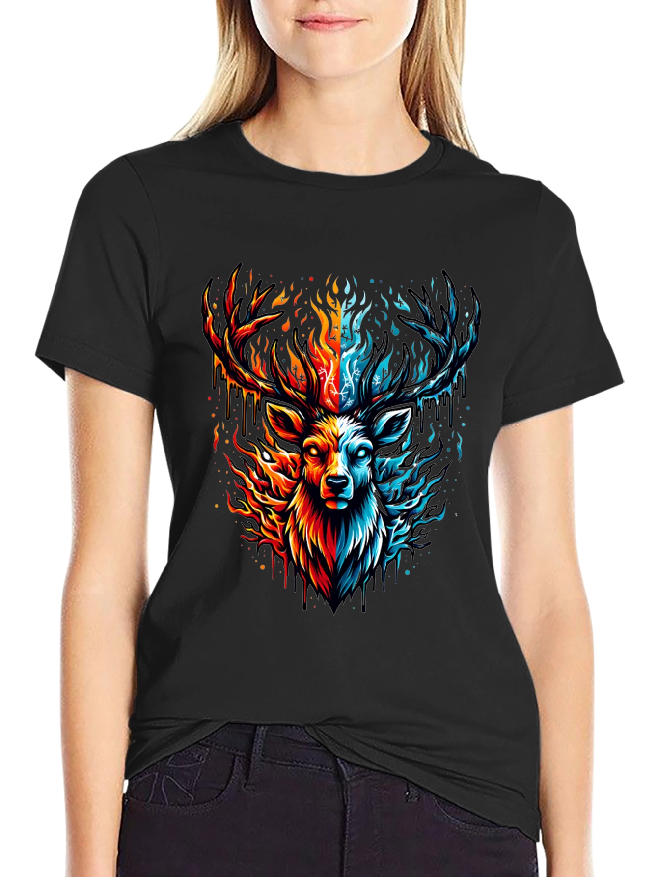 Fire & Ice Stag Graphic Tee - Bold Design