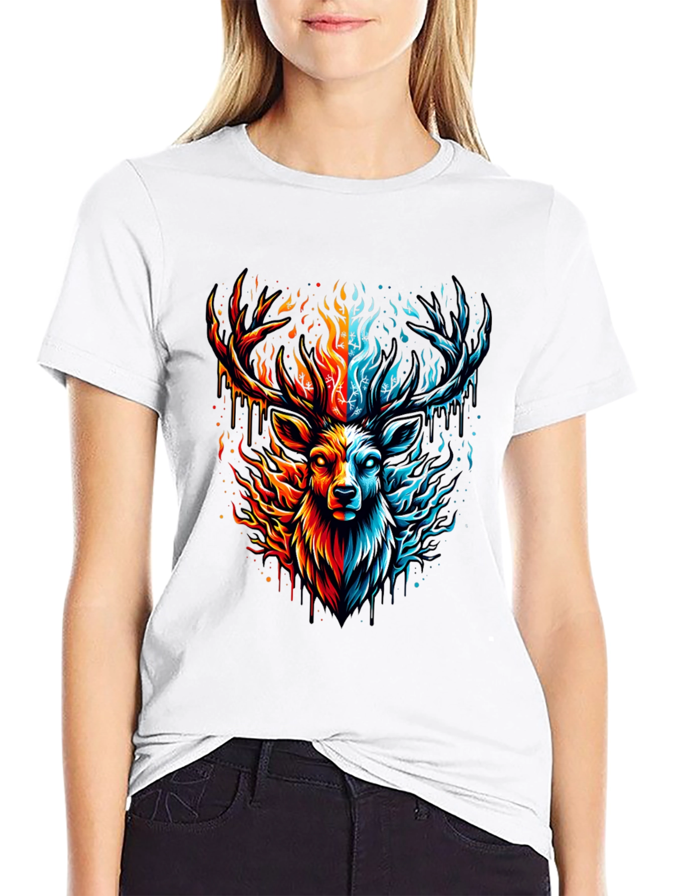 Fire & Ice Stag Graphic Tee - Bold Design