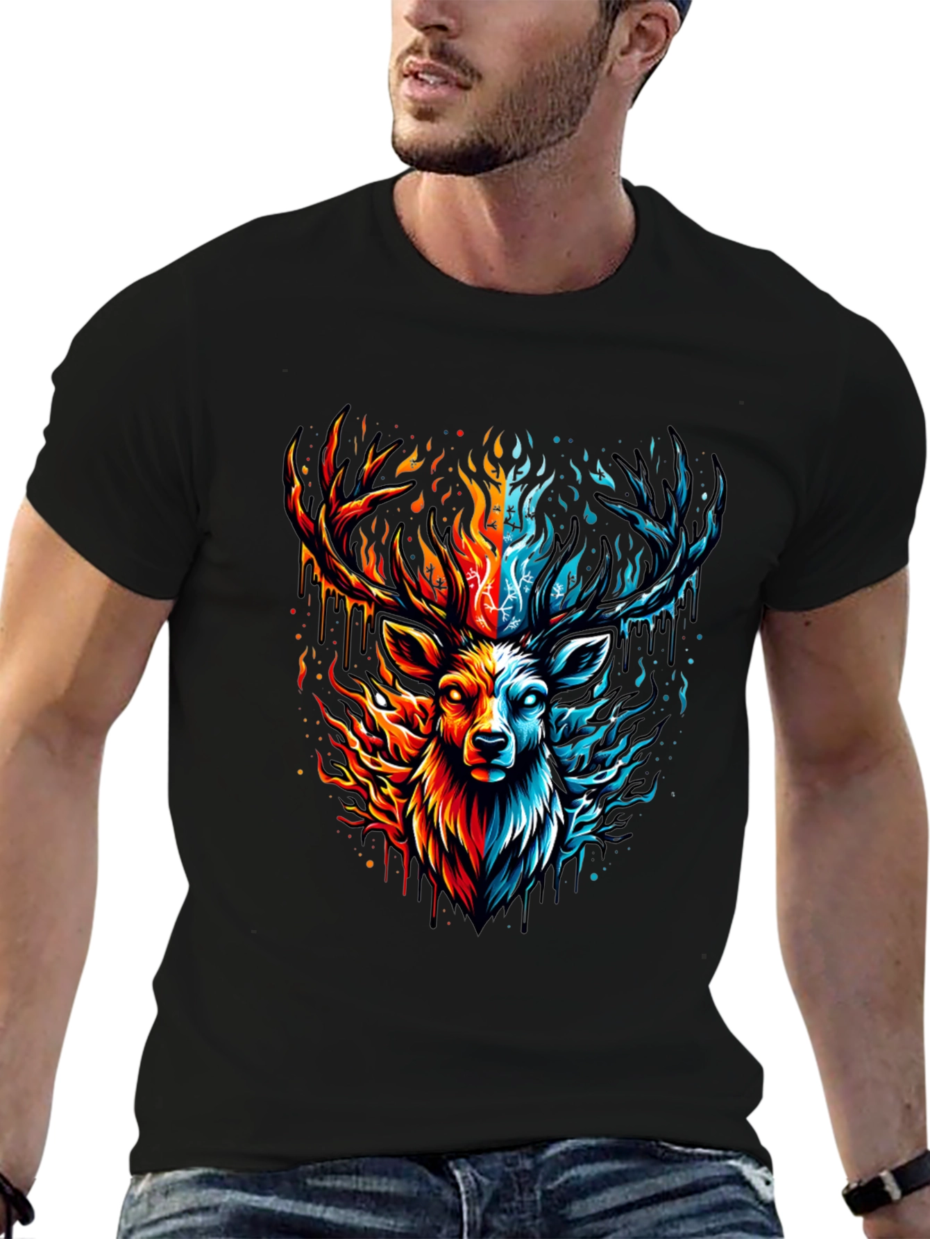 Fire & Ice Stag Graphic Tee - Bold Design