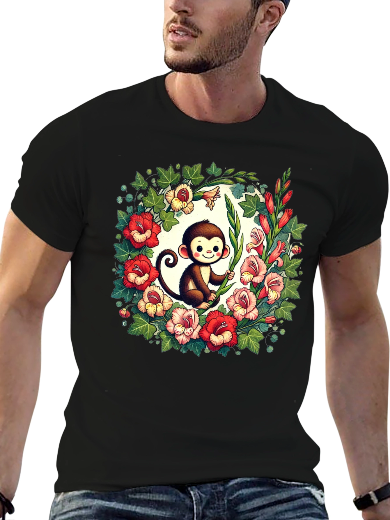 Floral Monkey Graphic Tee - Cute & Unique Design