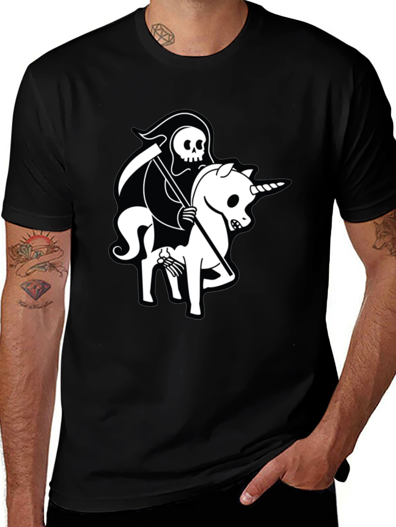 Grim Reaper Unicorn Graphic Tee - Black Cotton T-Shirt