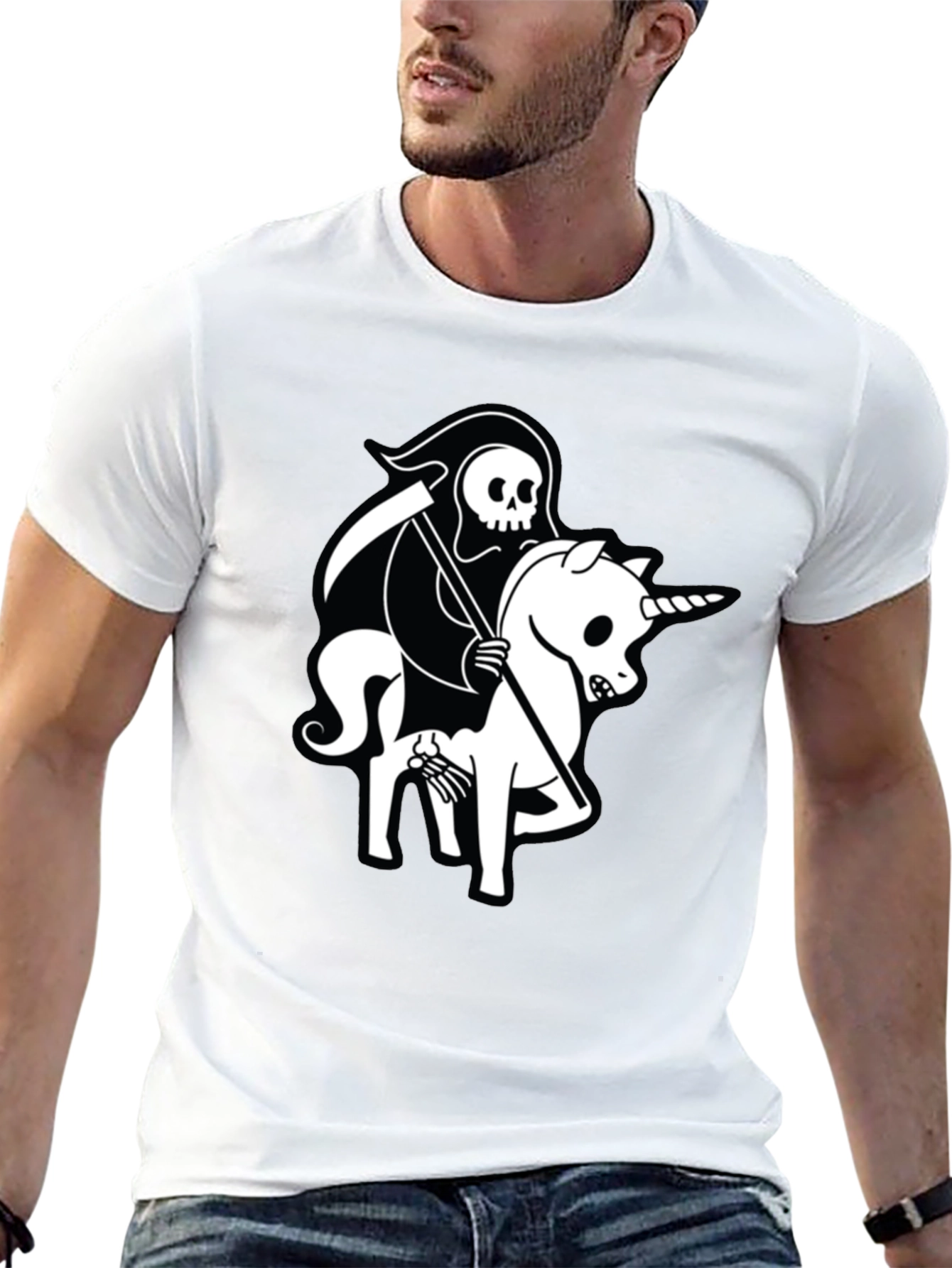 Grim Reaper Unicorn Graphic Tee - Black Cotton T-Shirt