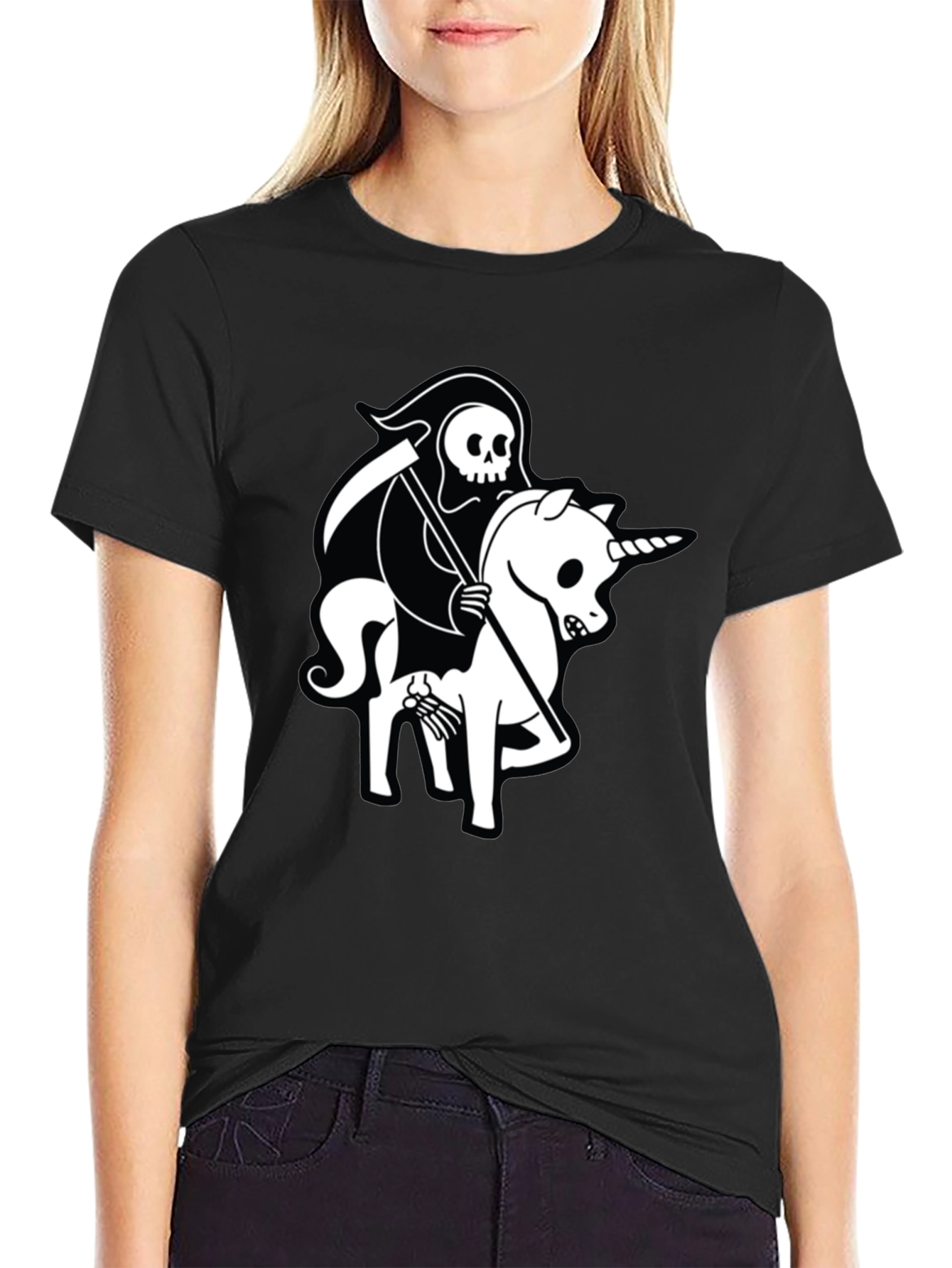 Grim Reaper Unicorn Graphic Tee - Black Cotton T-Shirt