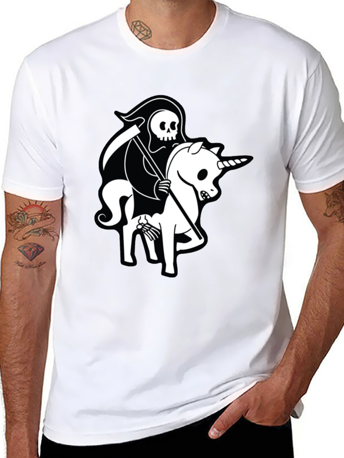 Grim Reaper Unicorn Graphic Tee - Black Cotton T-Shirt