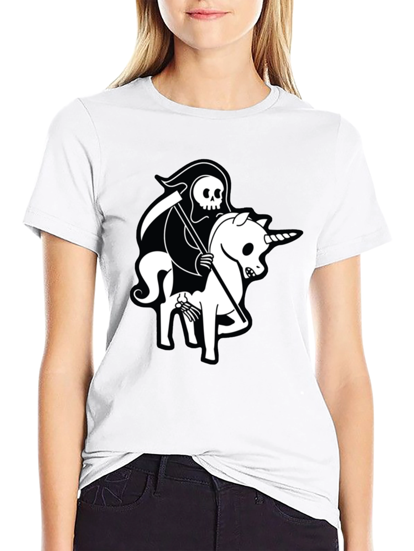 Grim Reaper Unicorn Graphic Tee - Black Cotton T-Shirt