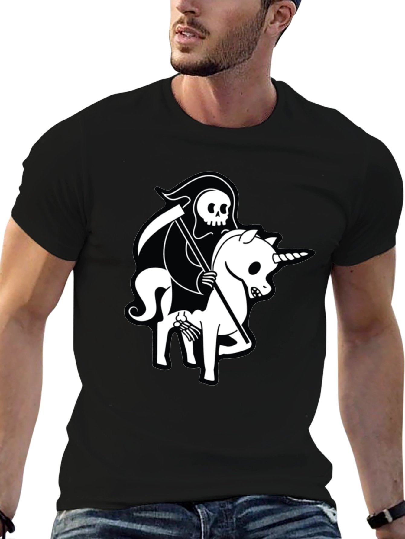 Grim Reaper Unicorn Graphic Tee - Black Cotton T-Shirt
