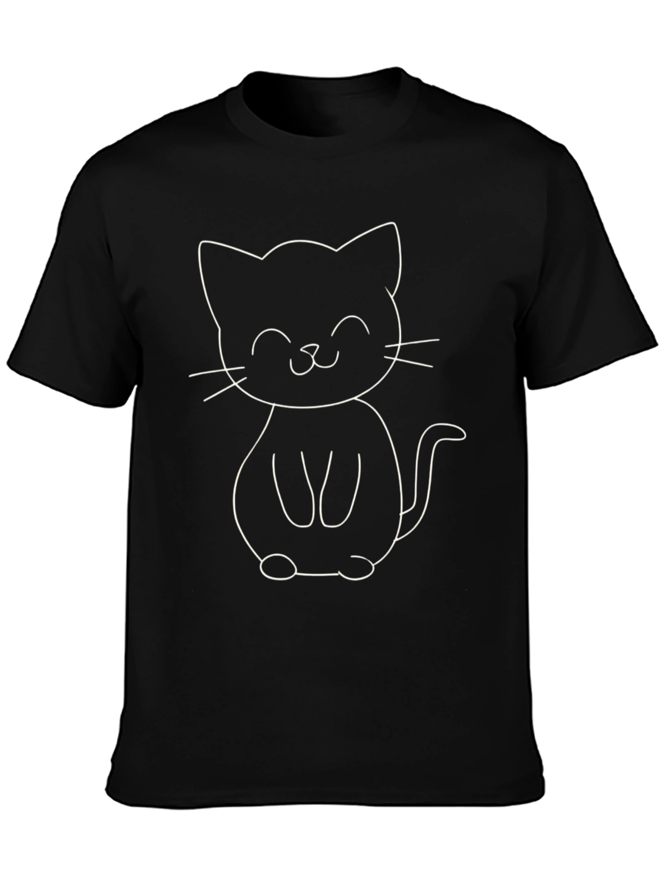 Cute Cartoon Cat Graphic Tee - Black Cotton T-Shirt