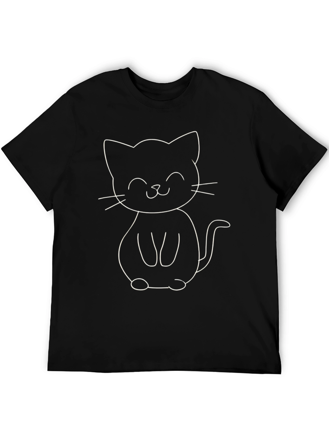 Cute Cartoon Cat Graphic Tee - Black Cotton T-Shirt