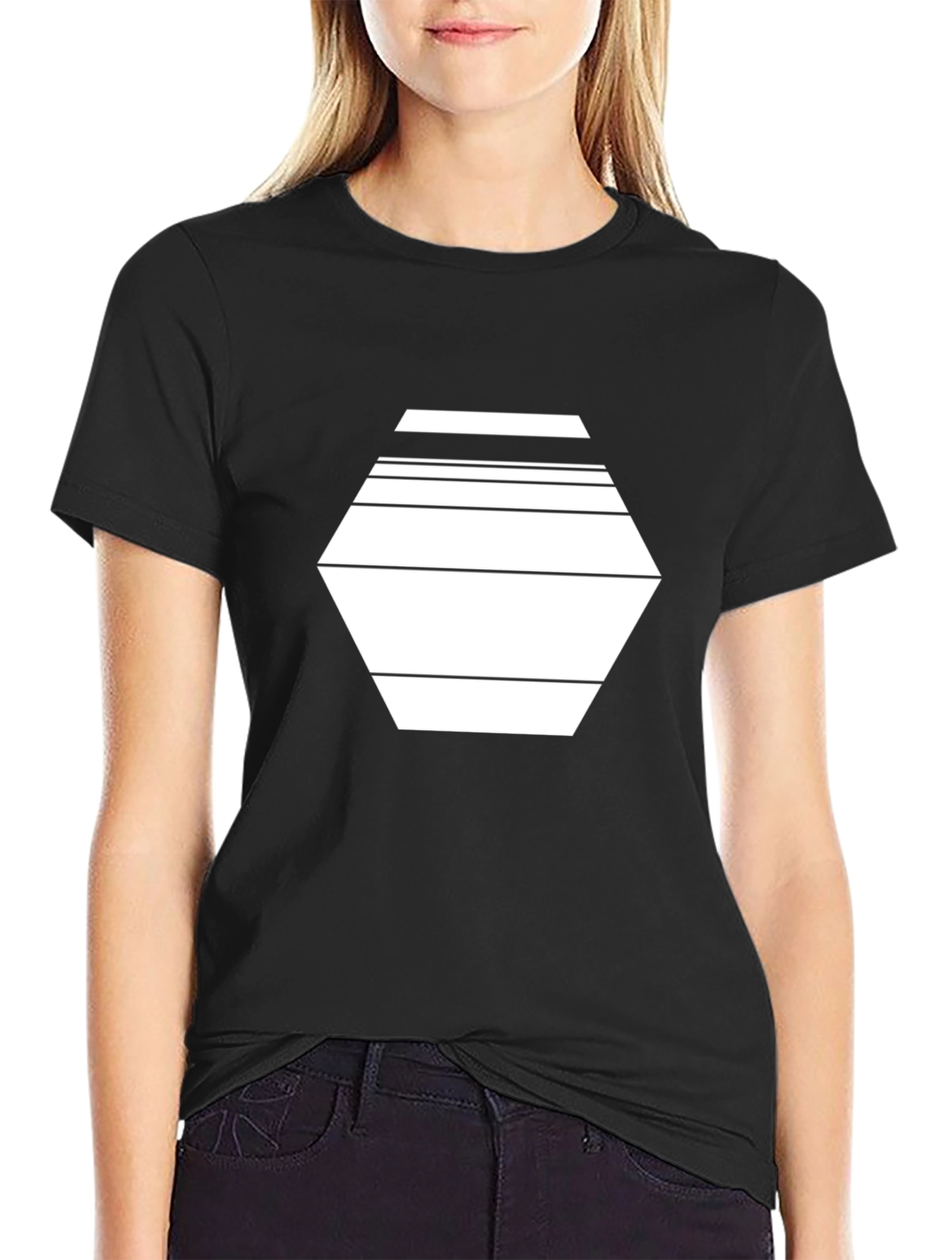 Geometric Hexagon Line Art Black T-Shirt