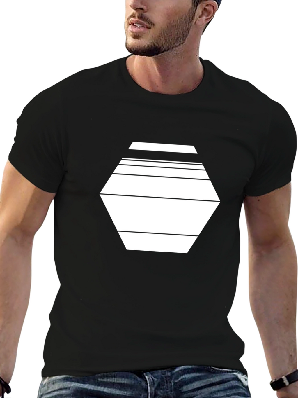 Geometric Hexagon Line Art Black T-Shirt