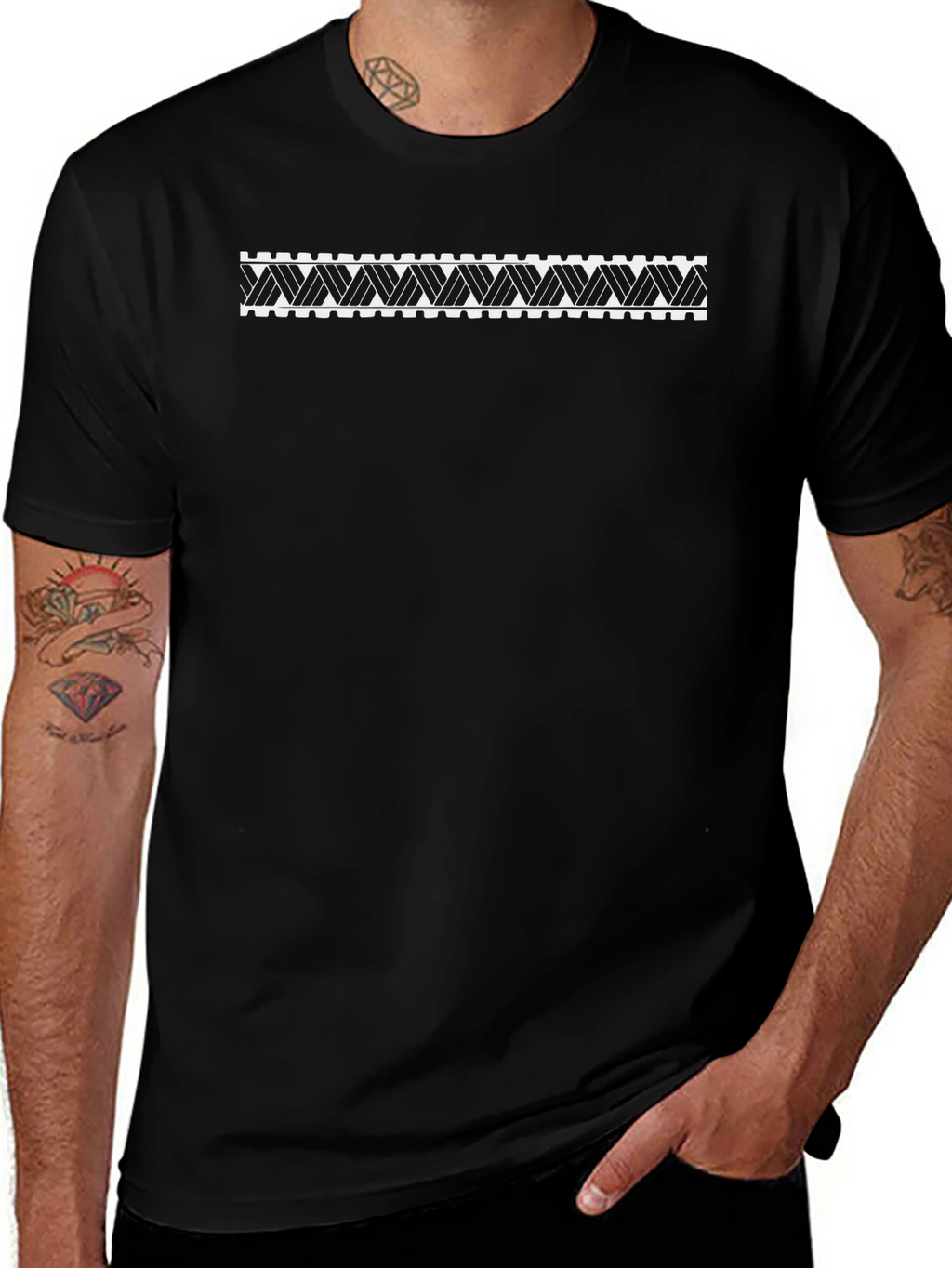 Black Tee with Geometric Woven Pattern