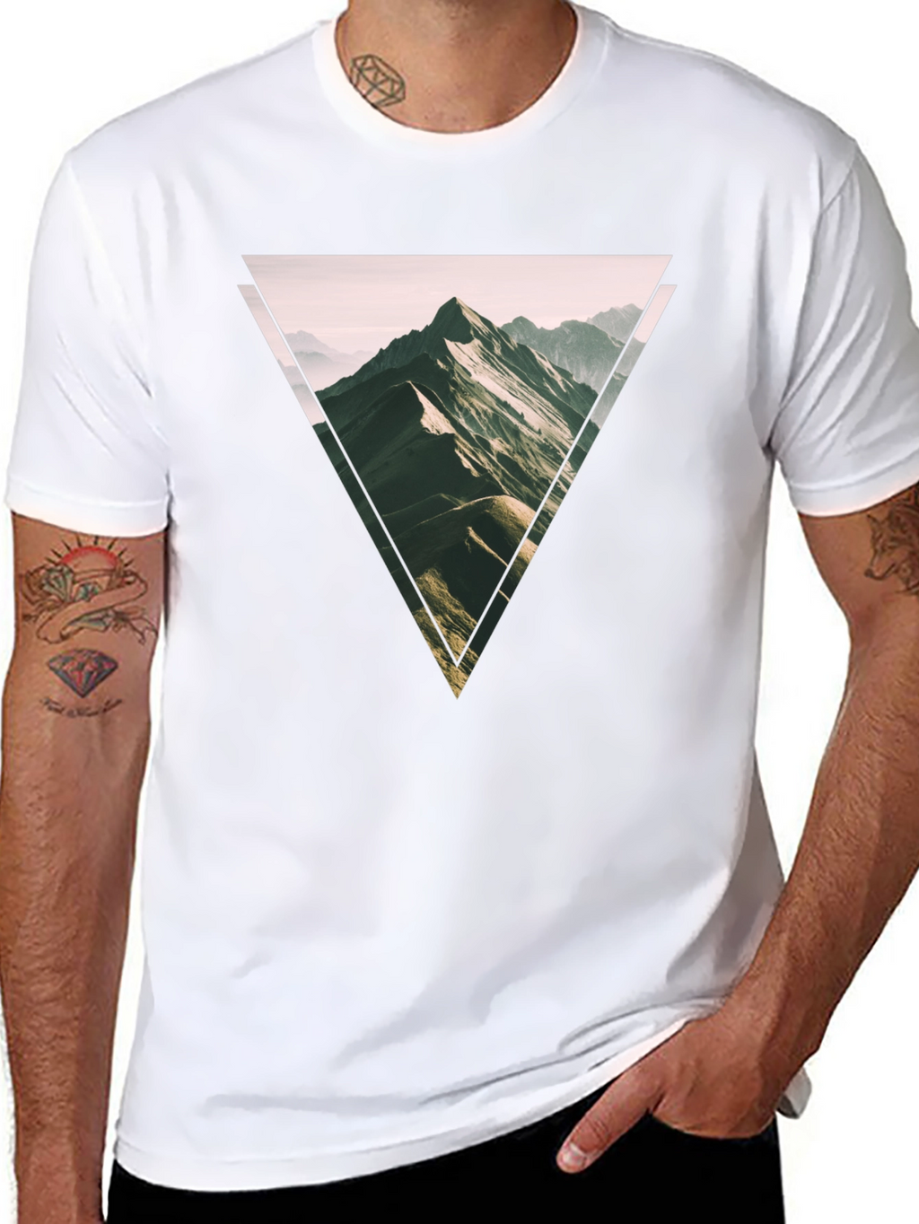 Geometric Mountain Scene Graphic Tee - Black