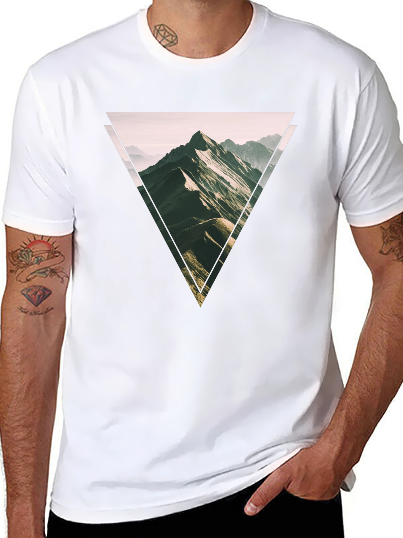 Geometric Mountain Scene Graphic Tee - Black