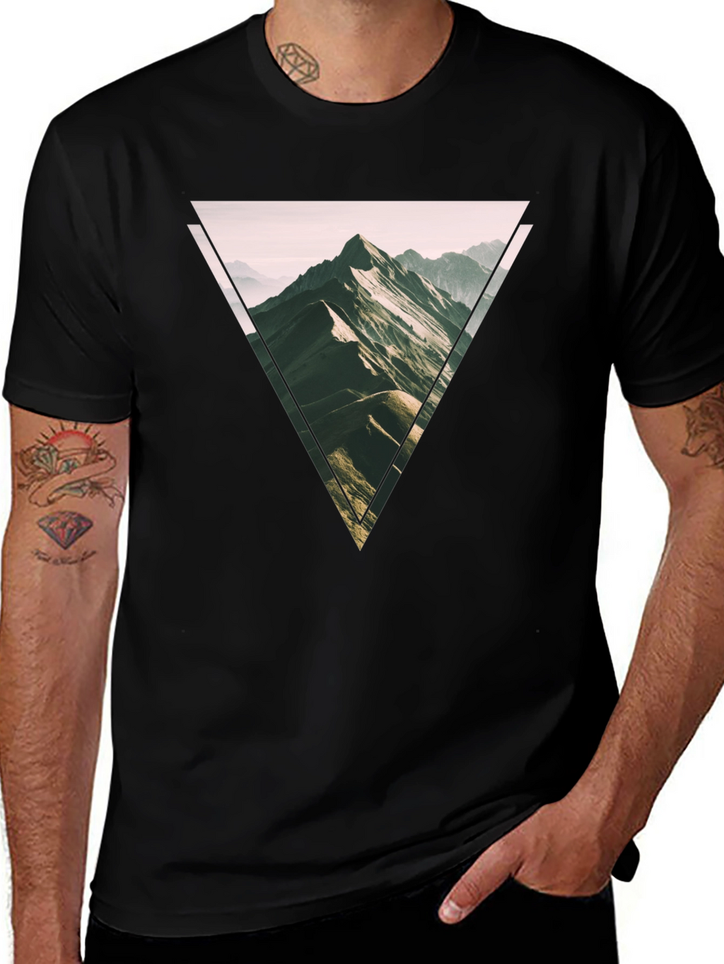 Geometric Mountain Scene Graphic Tee - Black