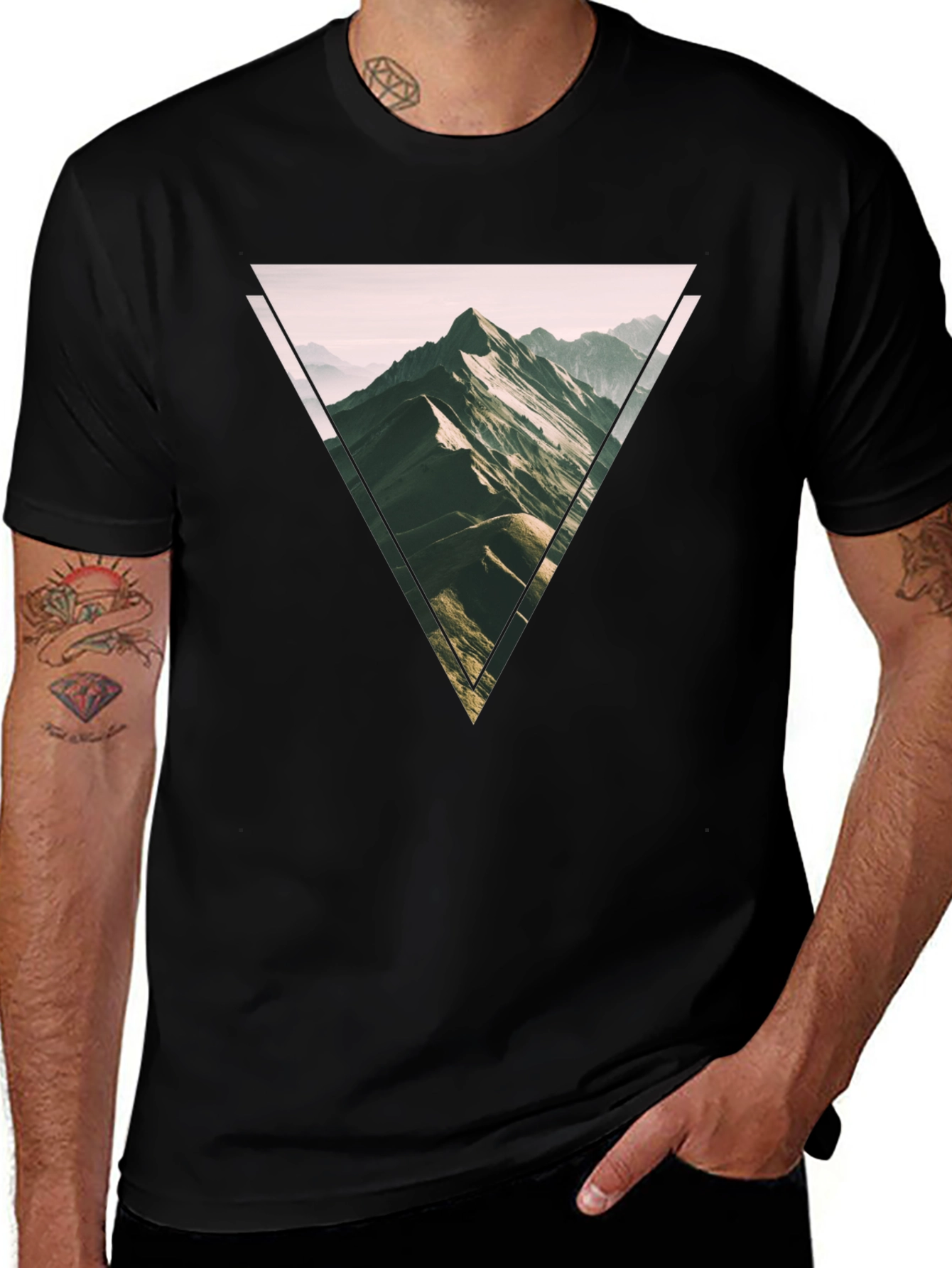 Geometric Mountain Scene Graphic Tee - Black