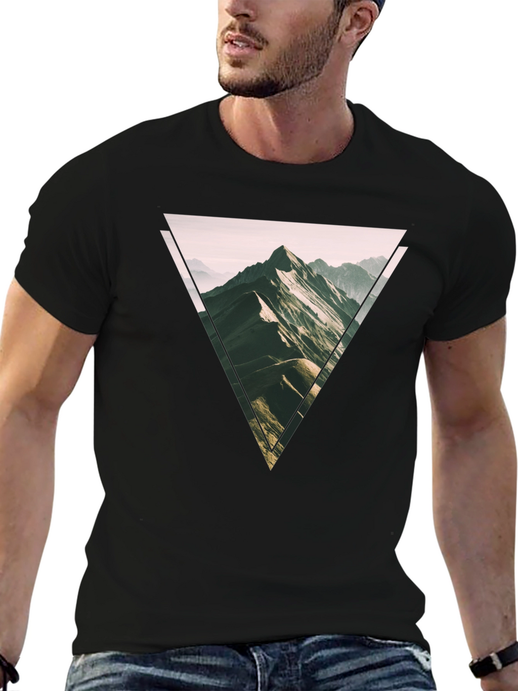Geometric Mountain Scene Graphic Tee - Black