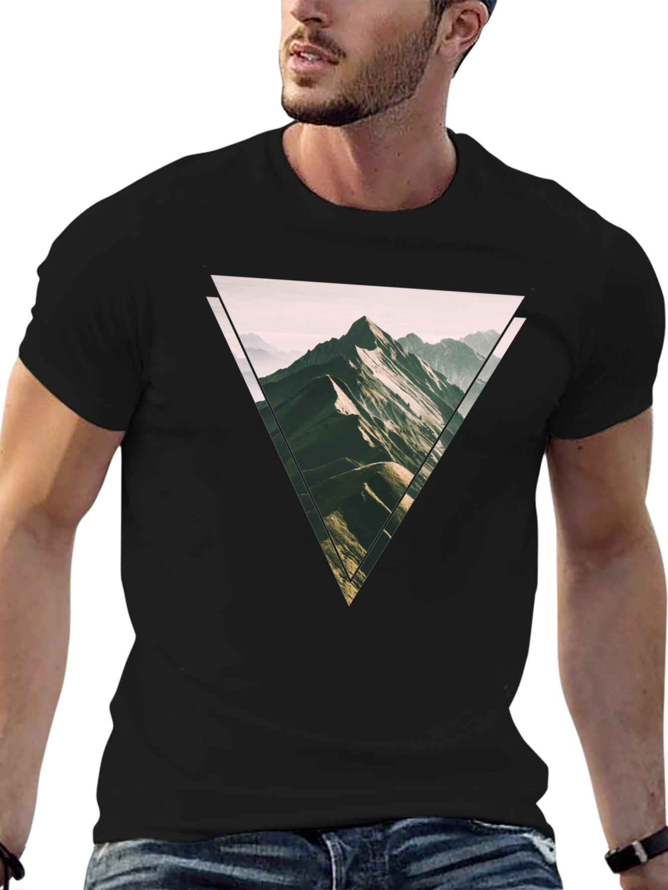 Geometric Mountain Scene Graphic Tee - Black