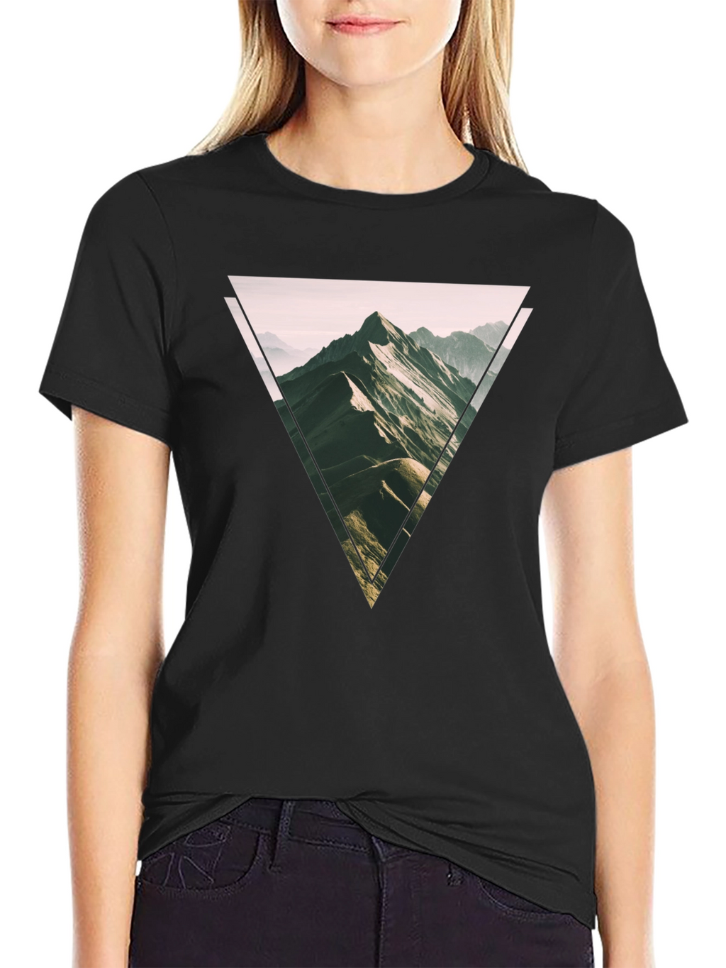 Geometric Mountain Scene Graphic Tee - Black