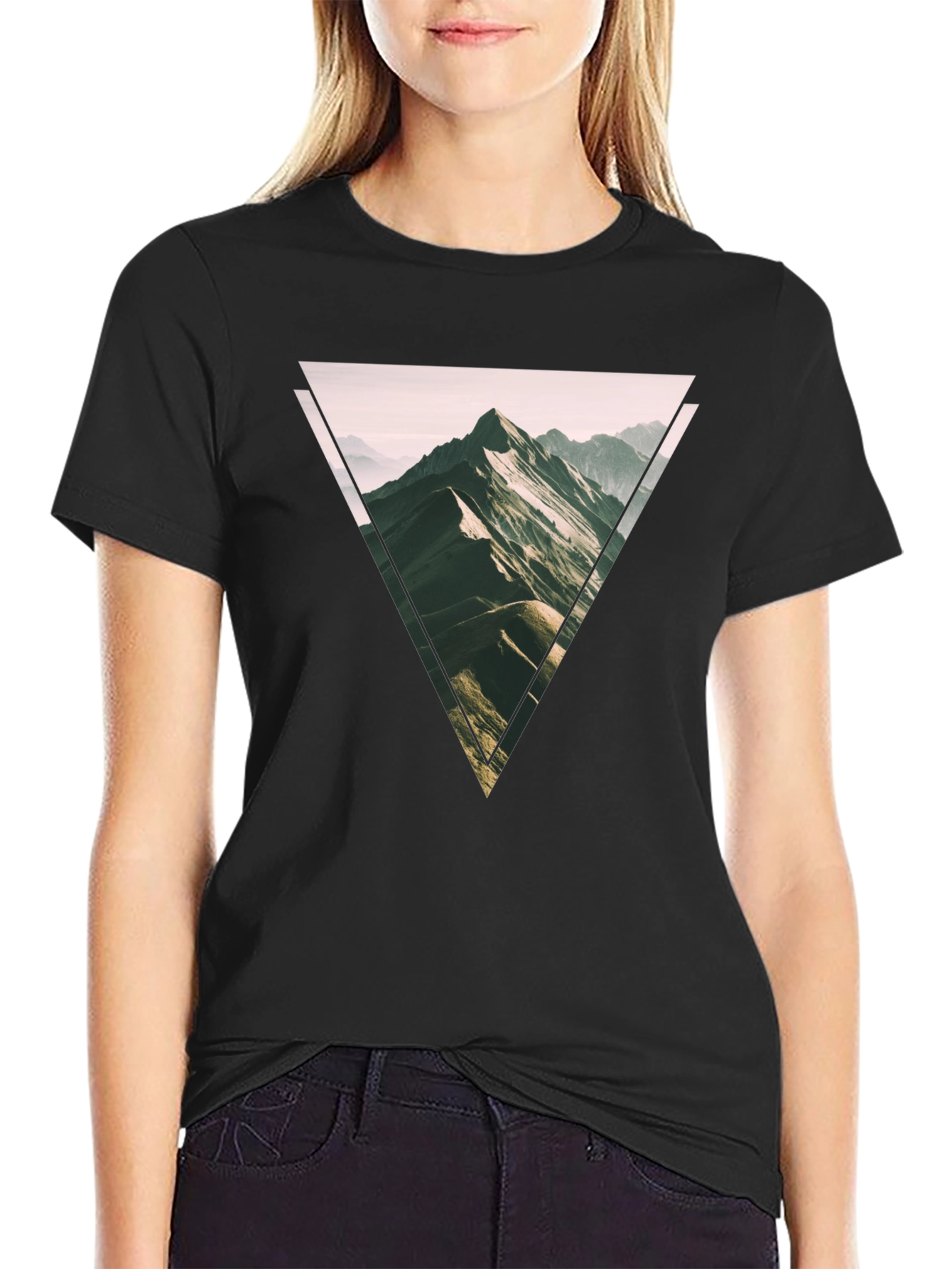 Geometric Mountain Scene Graphic Tee - Black