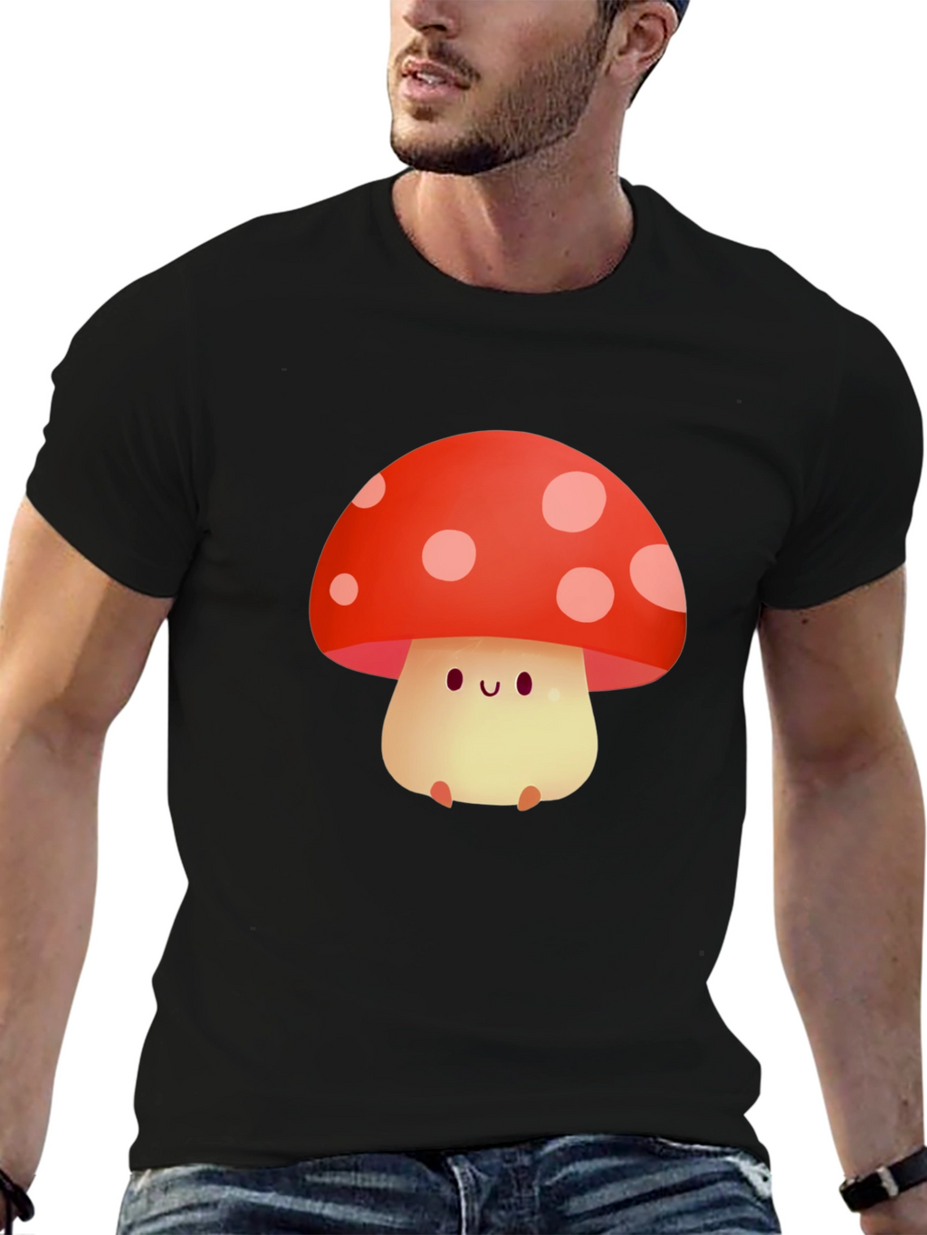 Cute Mushroom Graphic Tee - Black Cotton T-Shirt