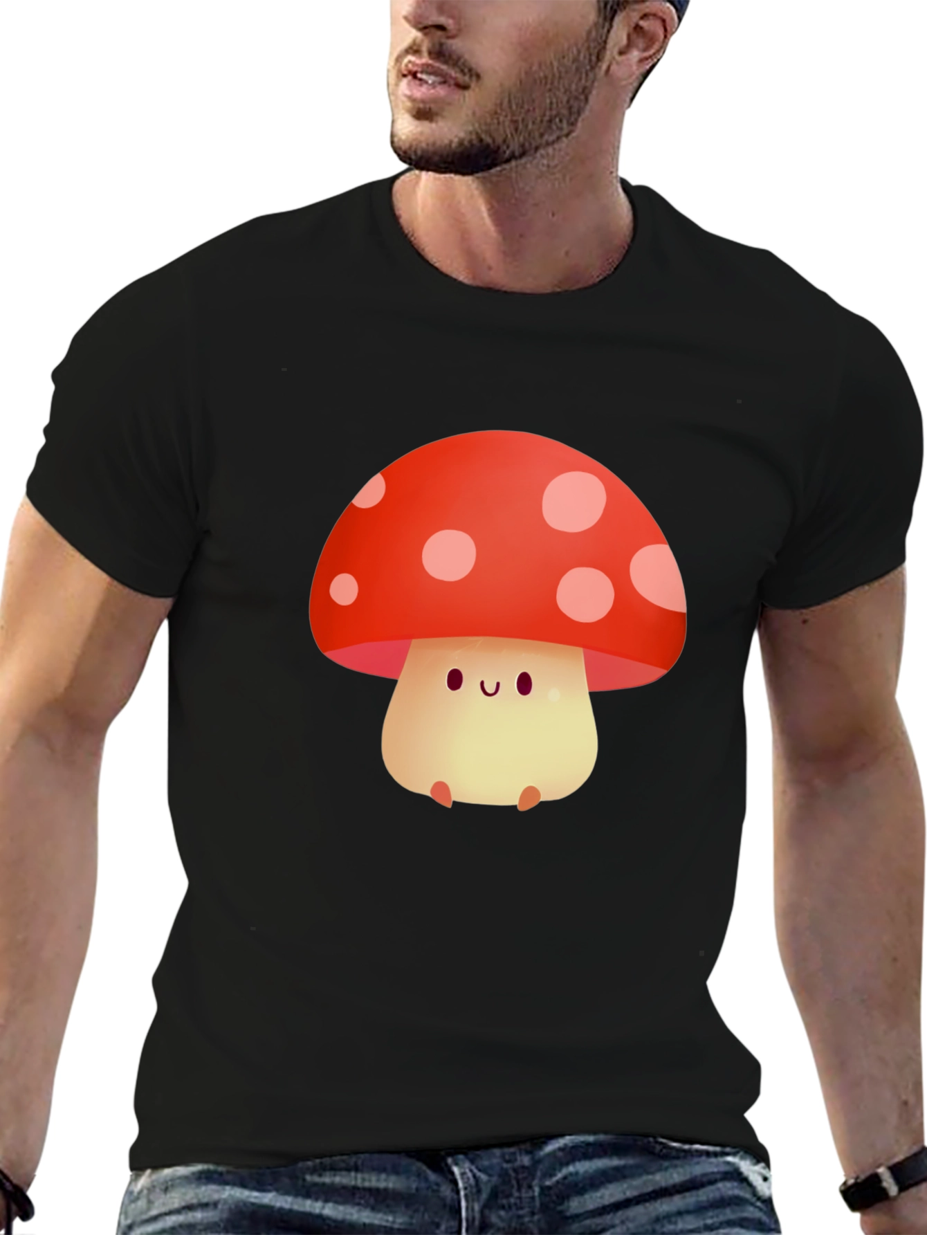 Cute Mushroom Graphic Tee - Black Cotton T-Shirt