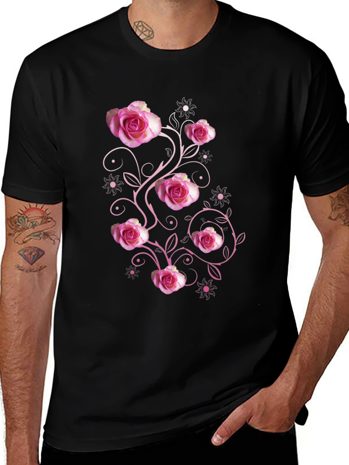 Floral Rose Print Black T-Shirt