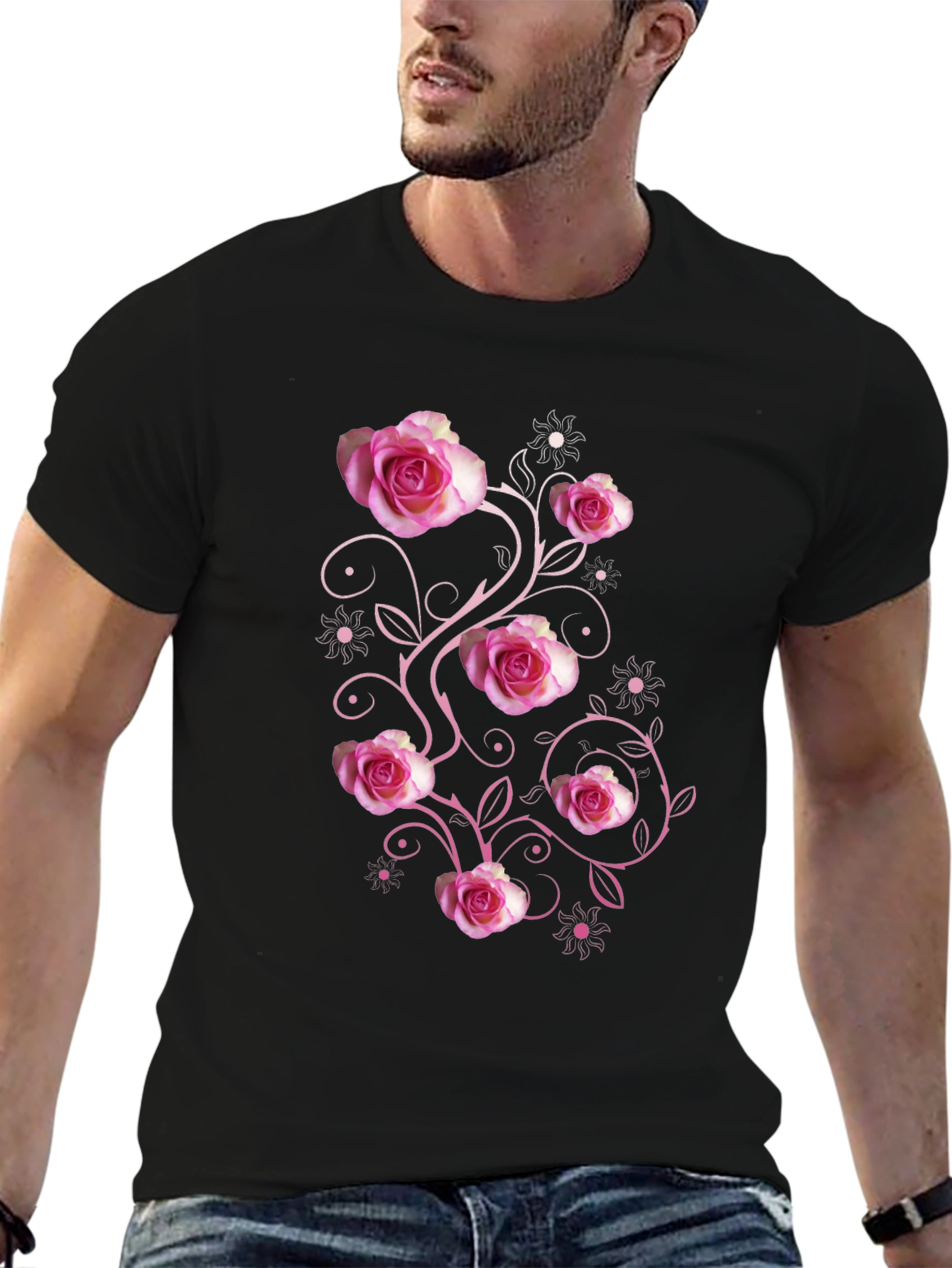 Floral Rose Print Black T-Shirt