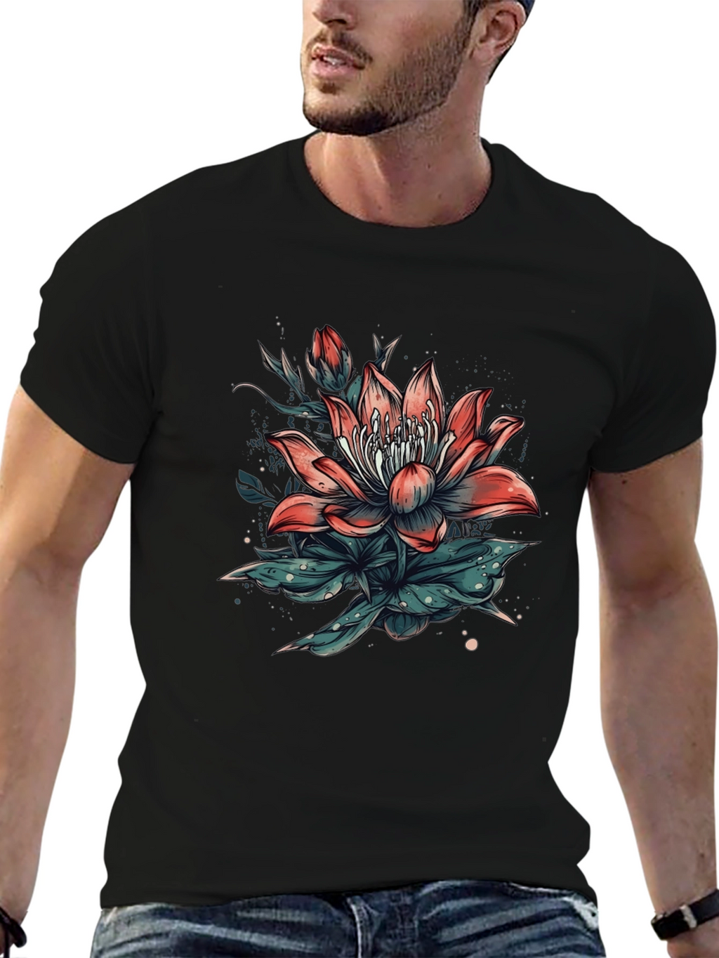 Floral Print Black T-Shirt for Men