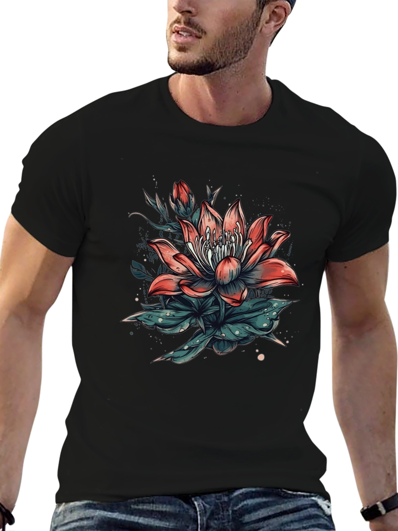 Floral Print Black T-Shirt for Men