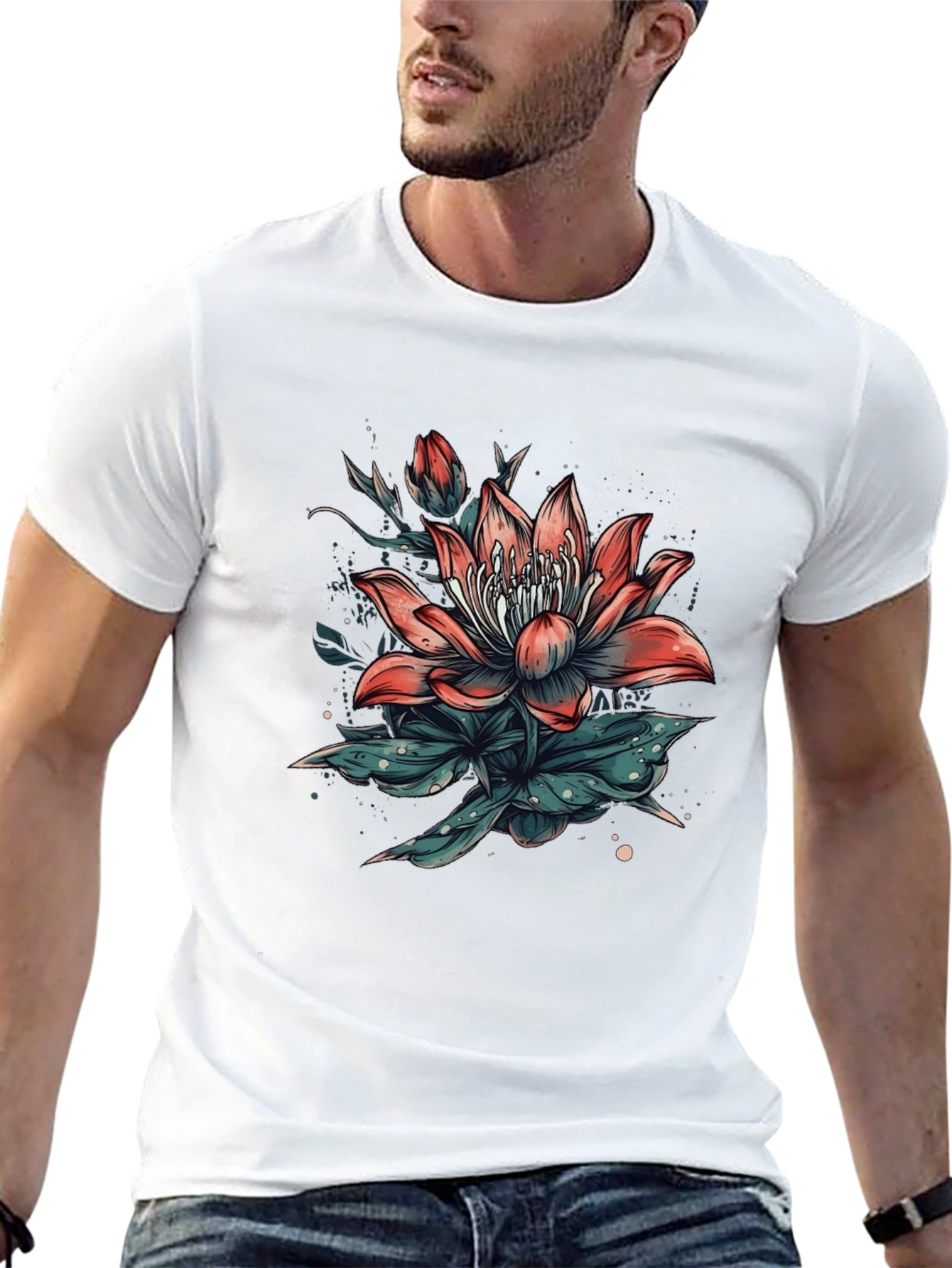 Floral Print Black T-Shirt for Men