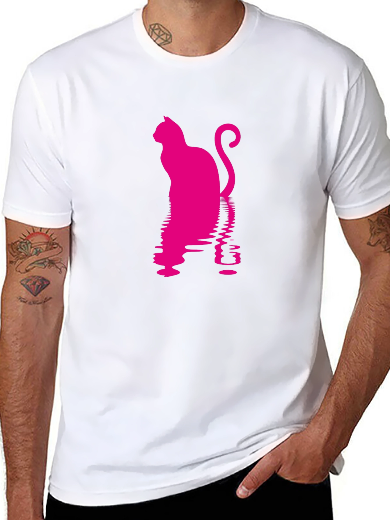 Pink Cat Silhouette Black T-Shirt