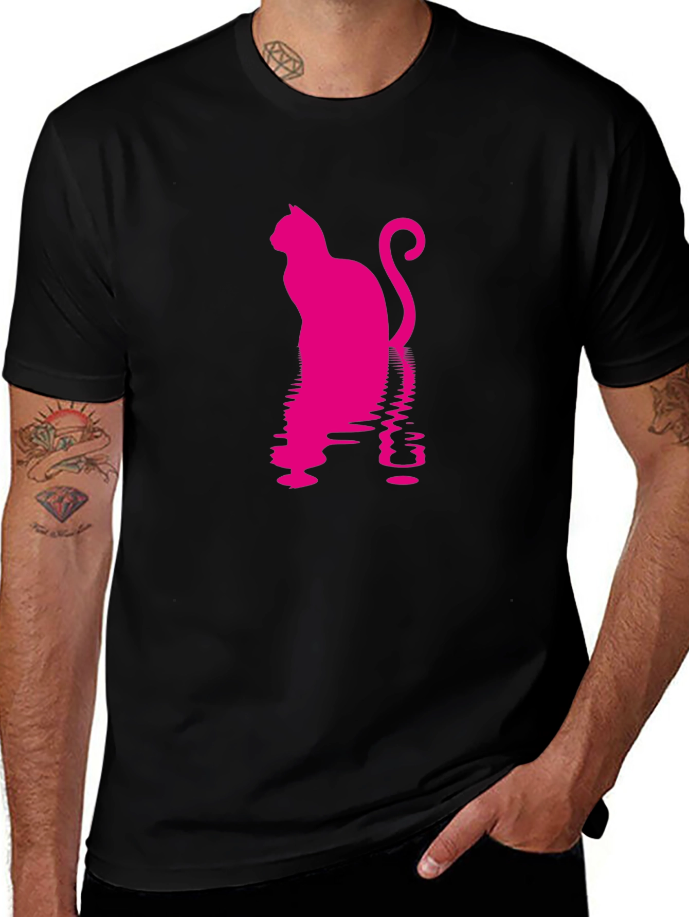 Pink Cat Silhouette Black T-Shirt