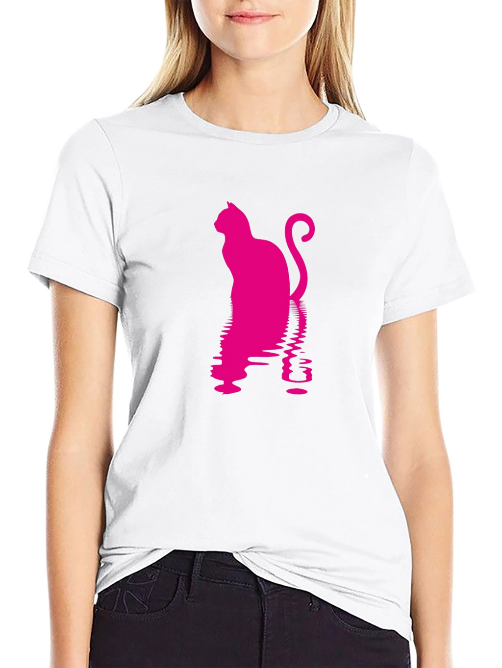 Pink Cat Silhouette Black T-Shirt