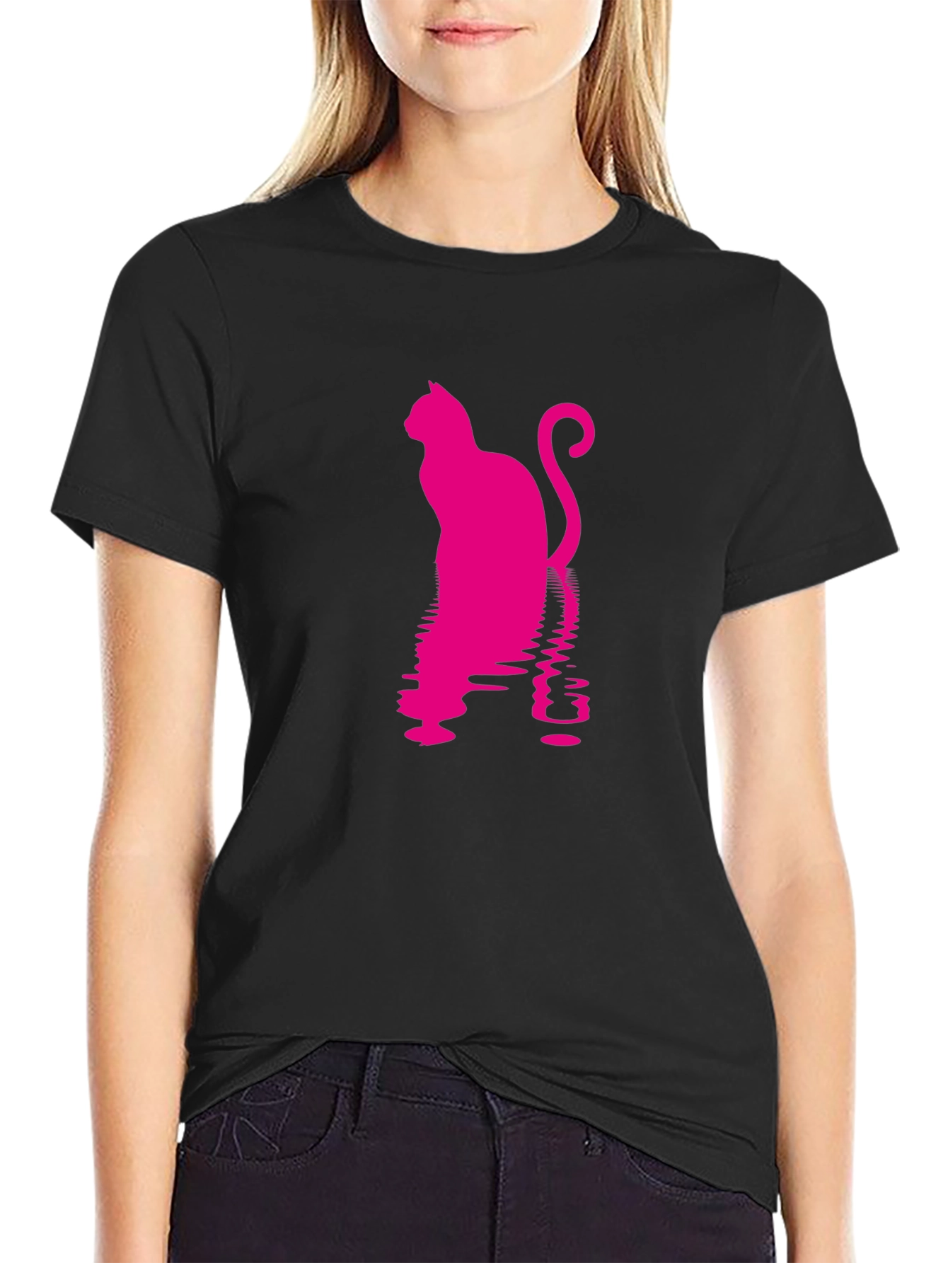 Pink Cat Silhouette Black T-Shirt