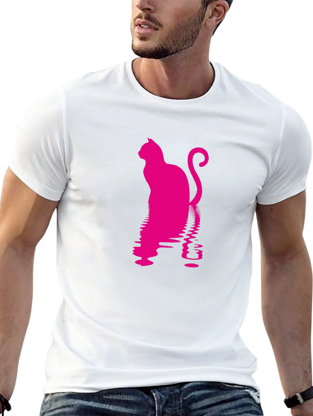 Pink Cat Silhouette Black T-Shirt