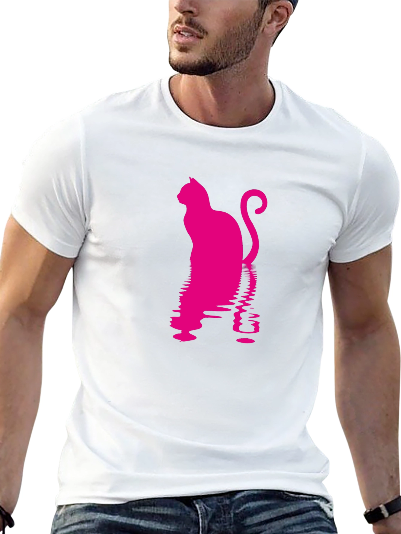 Pink Cat Silhouette Black T-Shirt