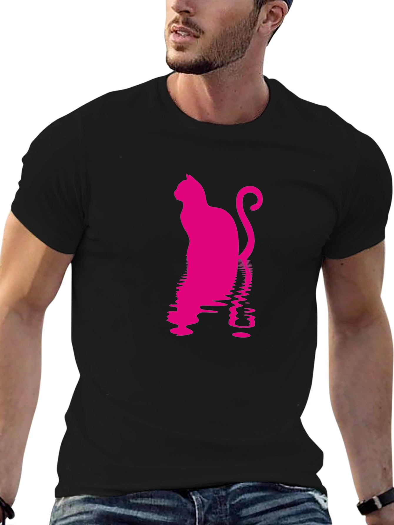Pink Cat Silhouette Black T-Shirt
