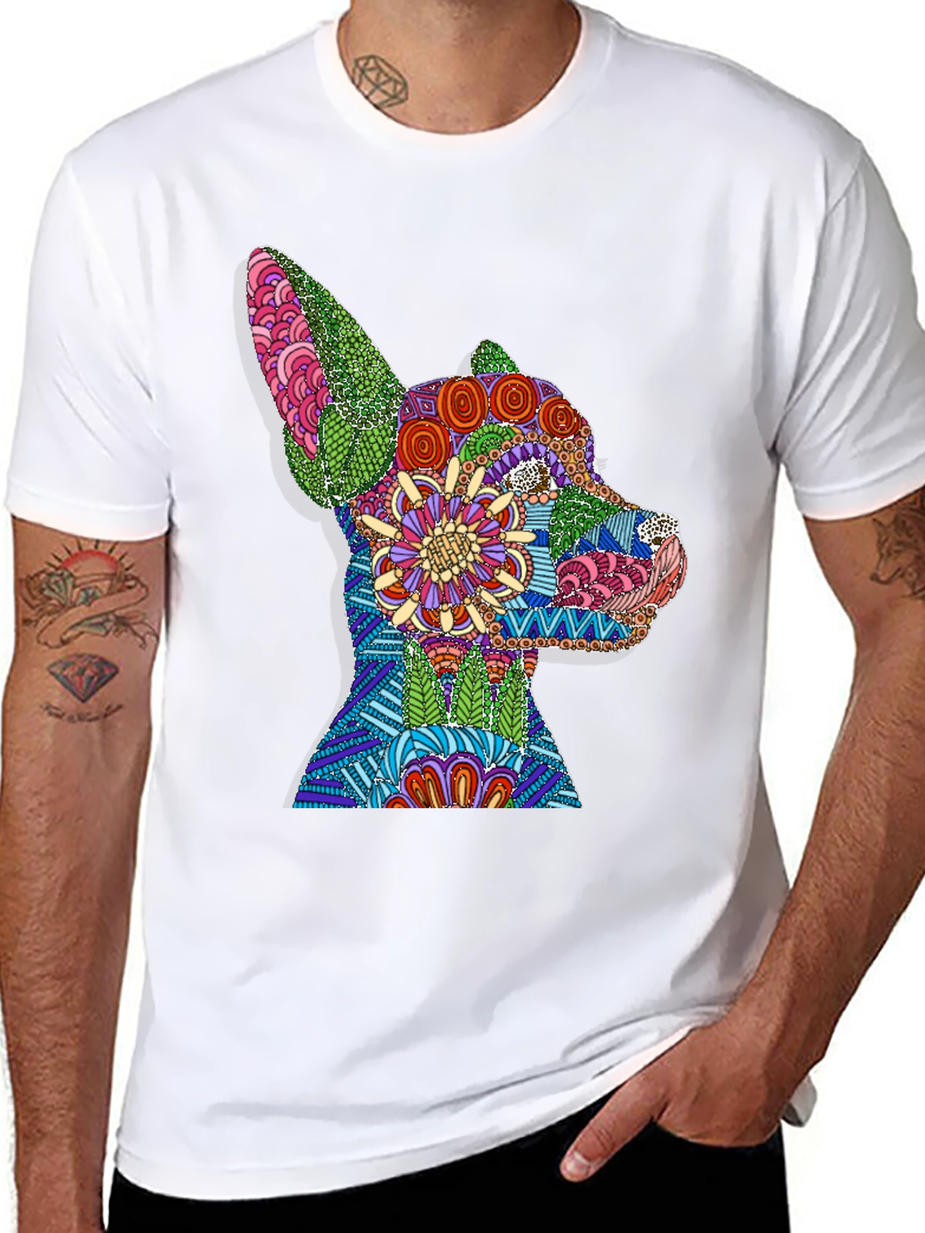 Dog Mandala Graphic Print T-Shirt - Black