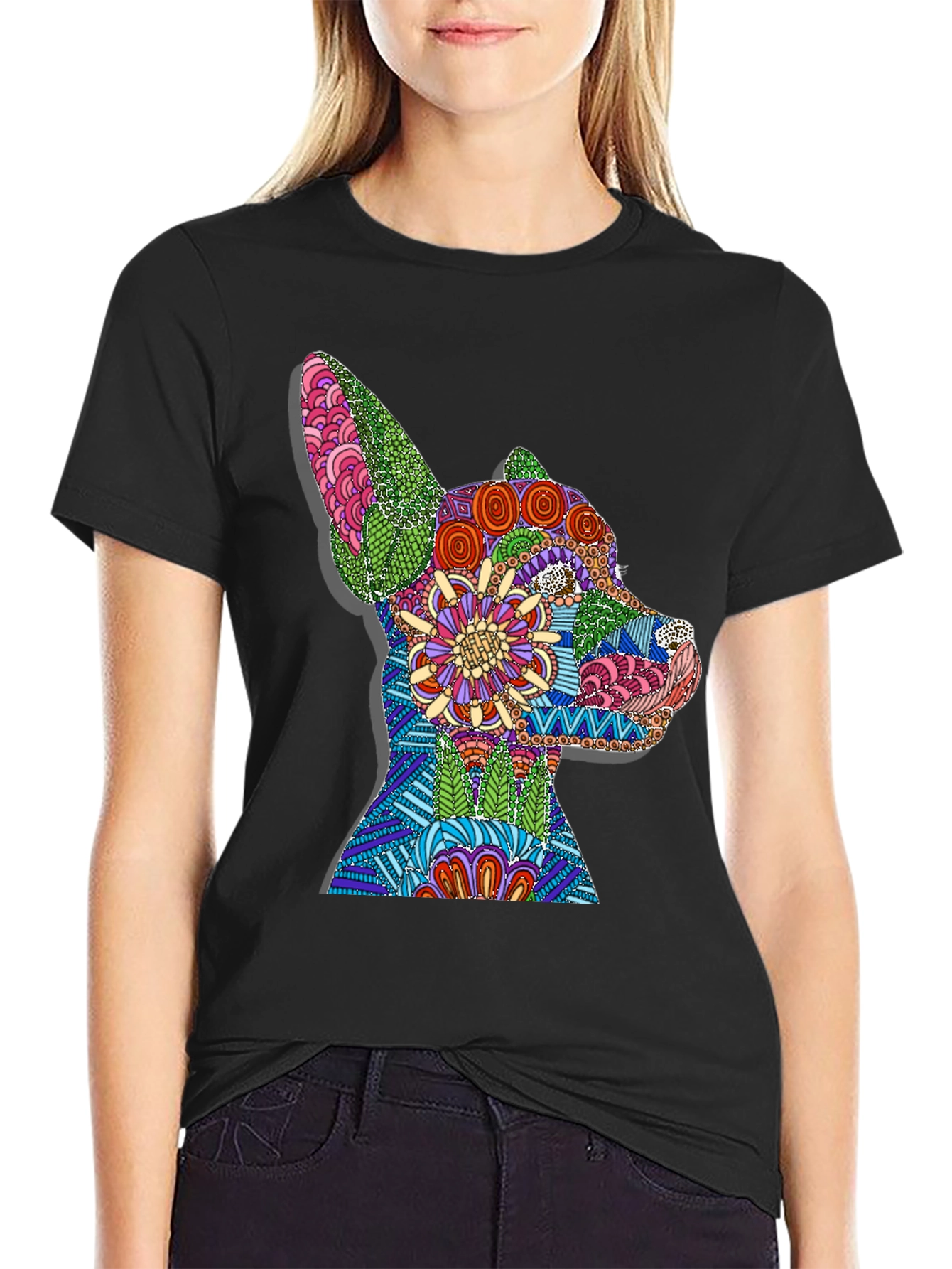Dog Mandala Graphic Print T-Shirt - Black