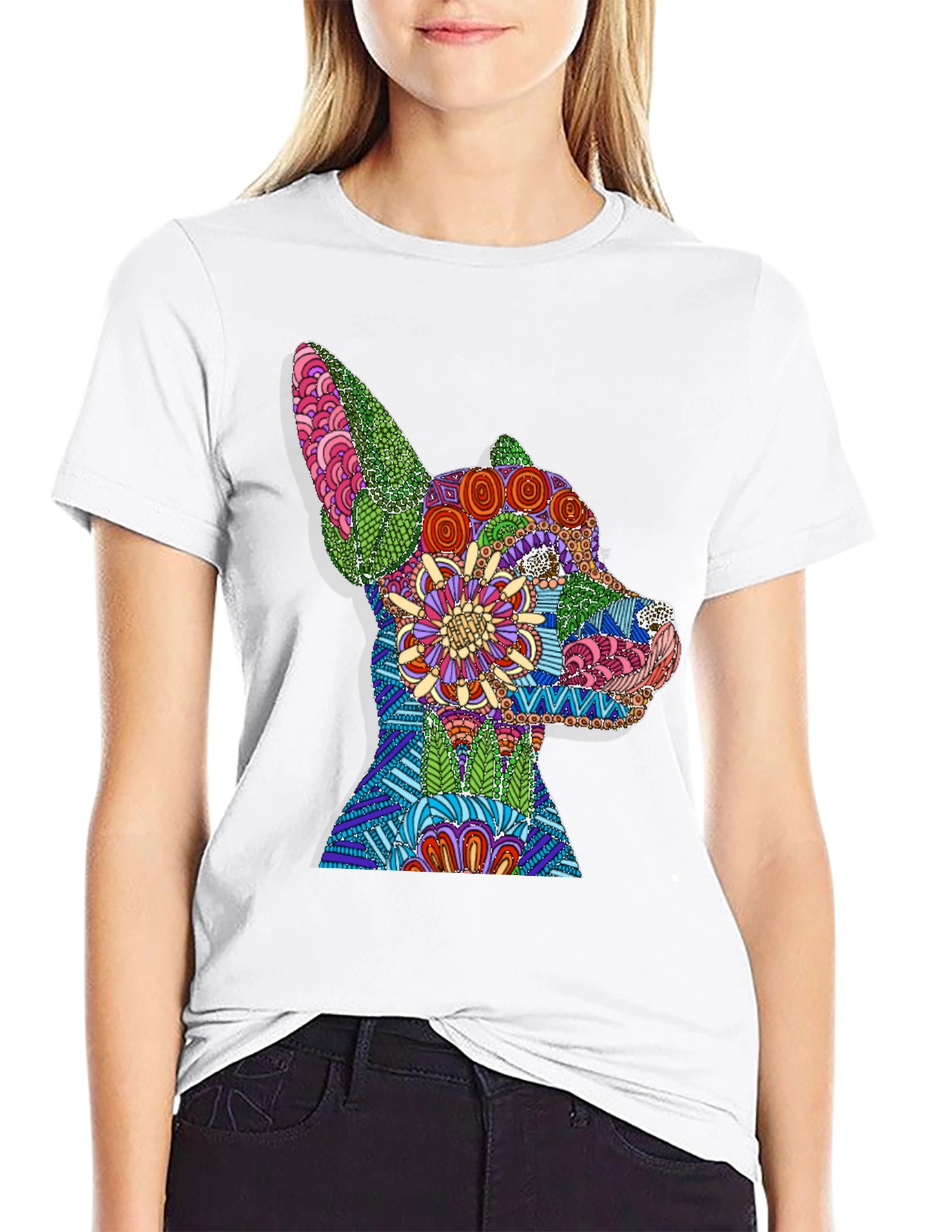 Dog Mandala Graphic Print T-Shirt - Black