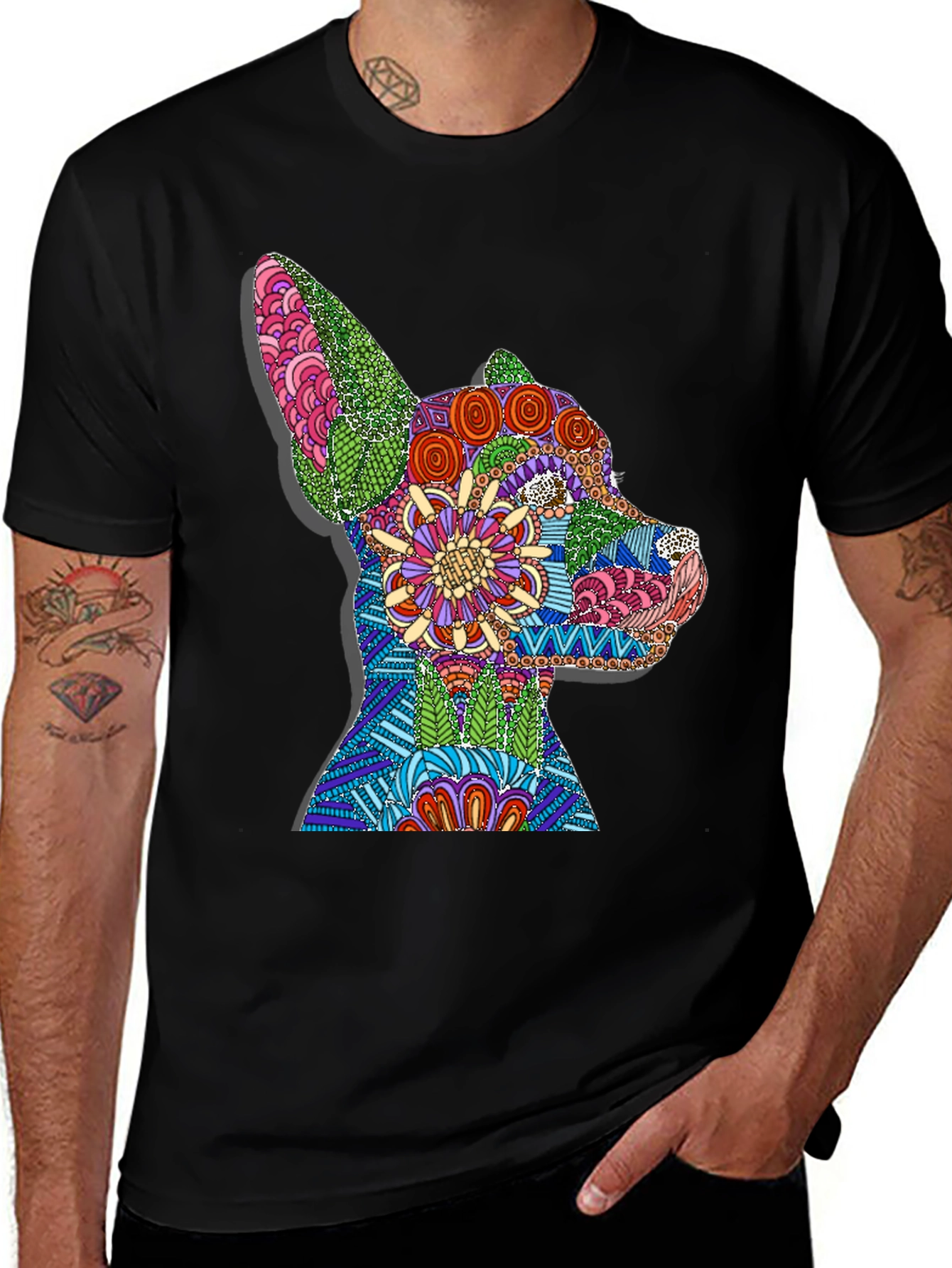 Dog Mandala Graphic Print T-Shirt - Black