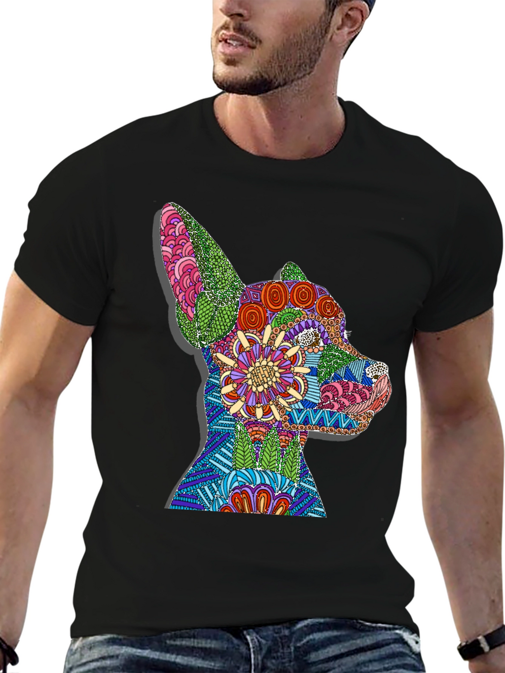 Dog Mandala Graphic Print T-Shirt - Black