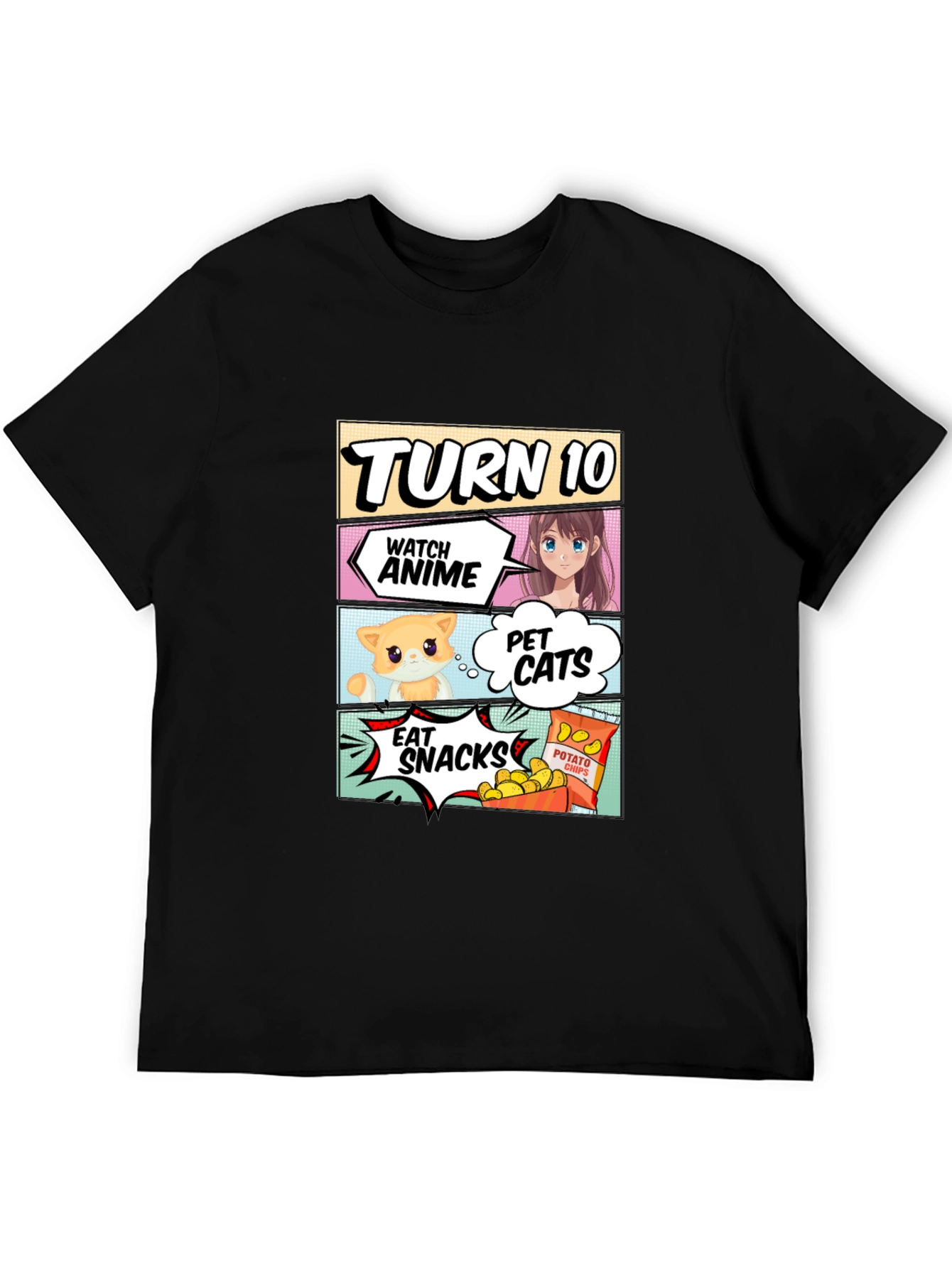 Turn 10 Anime Cats & Snacks Black T-Shirt